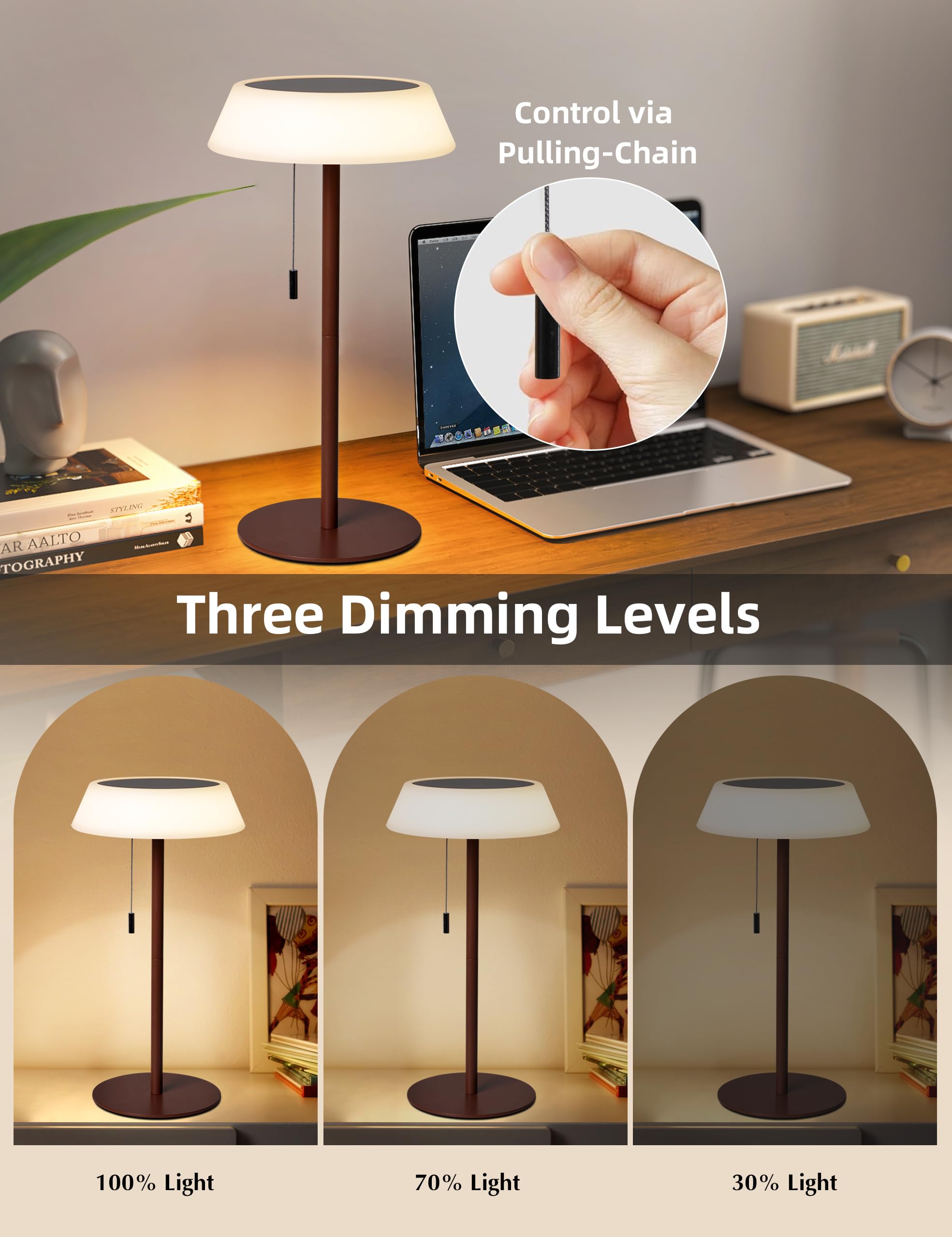 ILOVINIT Solar LED Table Lamp, Waterproof, 3-Level Dimmable, Portable, USB Rechargeable, Bronze, Model IL-F015