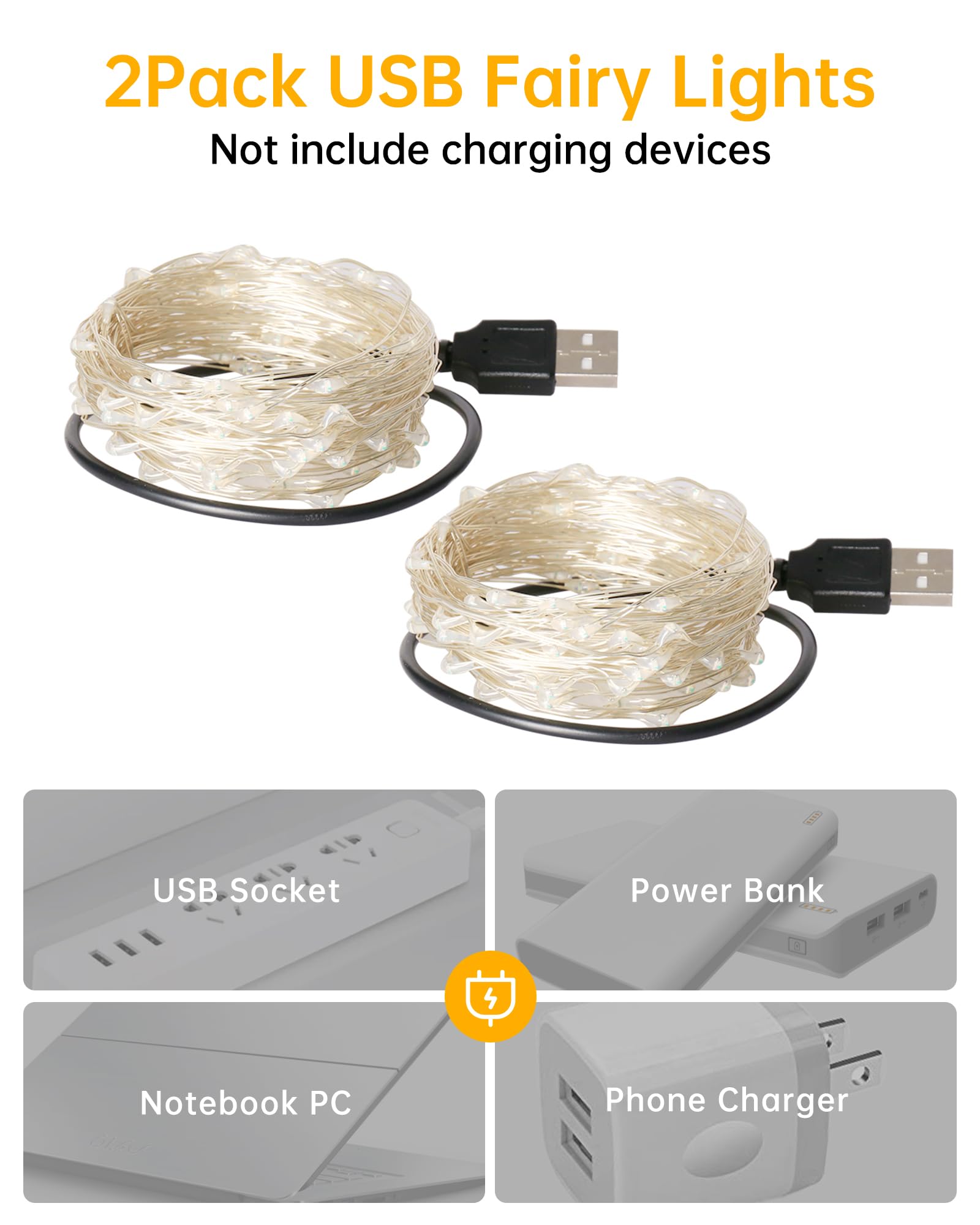 Blingstar USB Fairy Lights, 33Ft 100 LED Warm White Flexible Silver Wire String Lights for Christmas, Bedroom, Camping, Holiday Decor