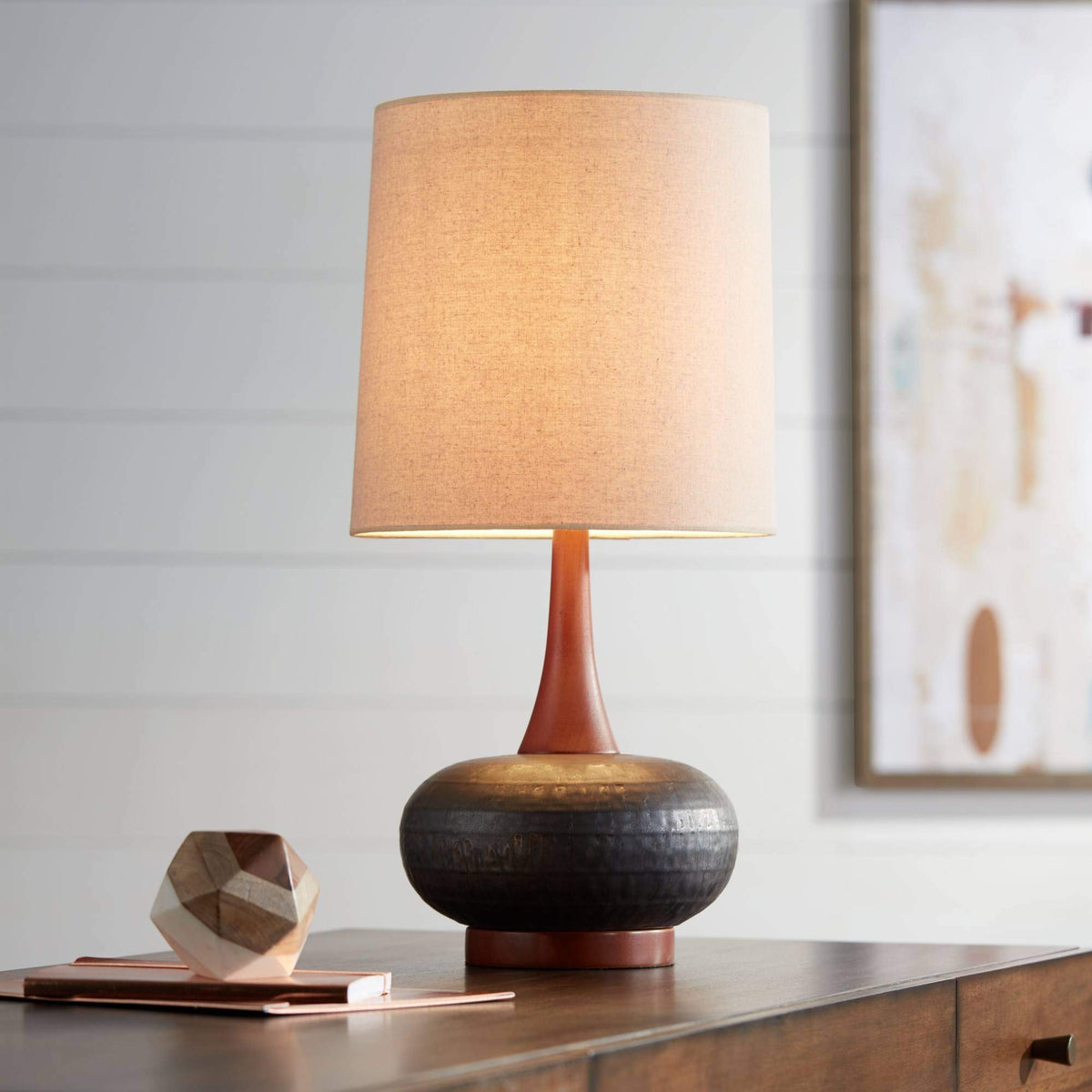 360 Lighting Andi Mid Century Modern Table Lamp 24.5 High Hammered Bronze Ceramic Wood Off White Tall Drum Shade For Living Room