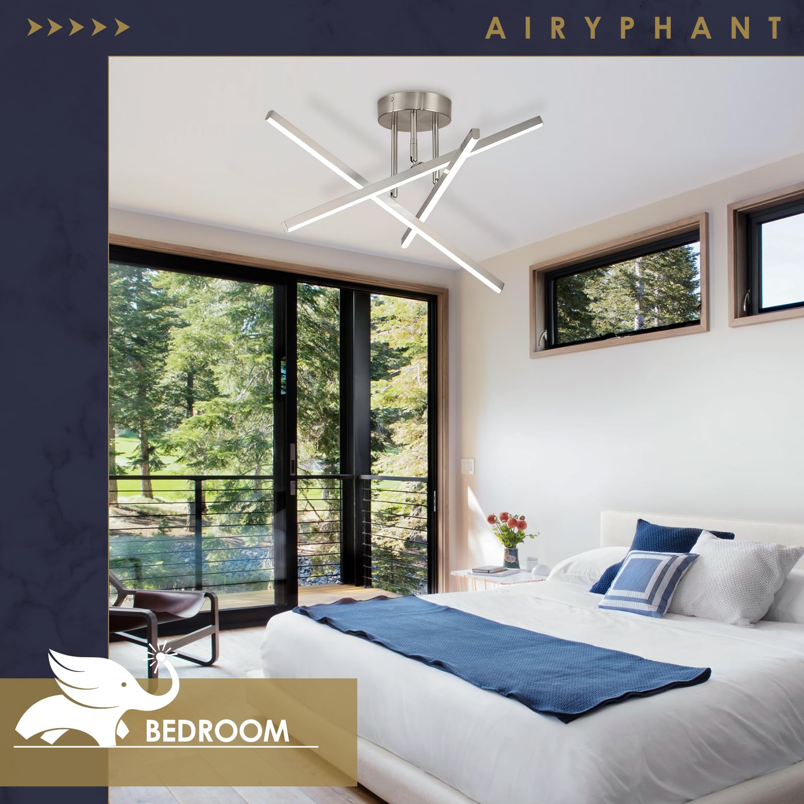 AIRYPHANT Modern LED Chandelier 18W Dimmable Nickel Semi Flush Mount, 3 Lights - 23.82" for Kitchen Dining Room Foyer Entry