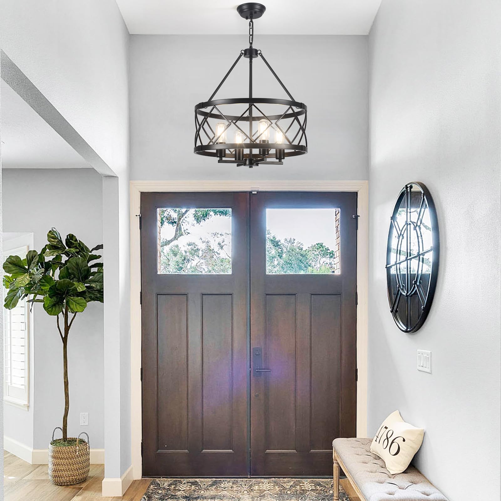 Ljhhowe 17.71'' Farmhouse Rustic Chandelier For Dining Room Light Fixture Ceiling Mount 4 Lights Adjustable Black Kitchen Island
