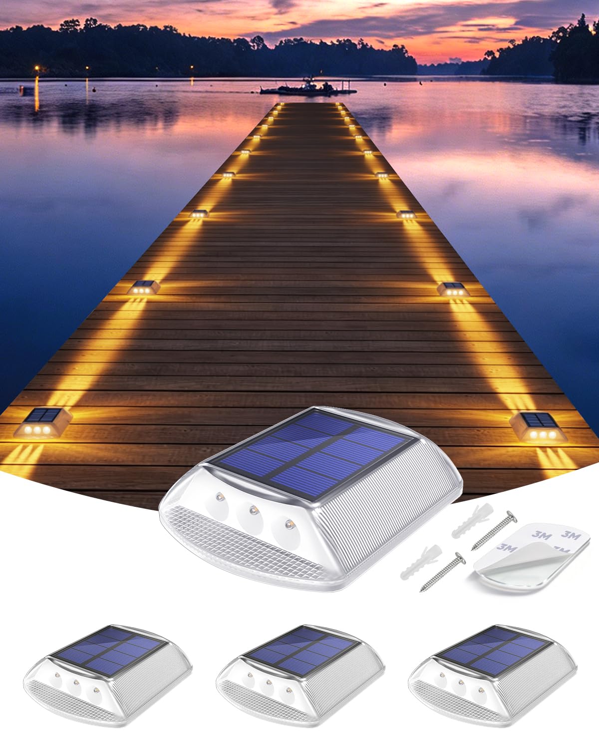 DetarZinLED Solar Deck Lights Outdoor, 4 Pack Warm Driveway Lights Solar Powered, IP68 Waterproof Stick on & Screw Dock Light fo