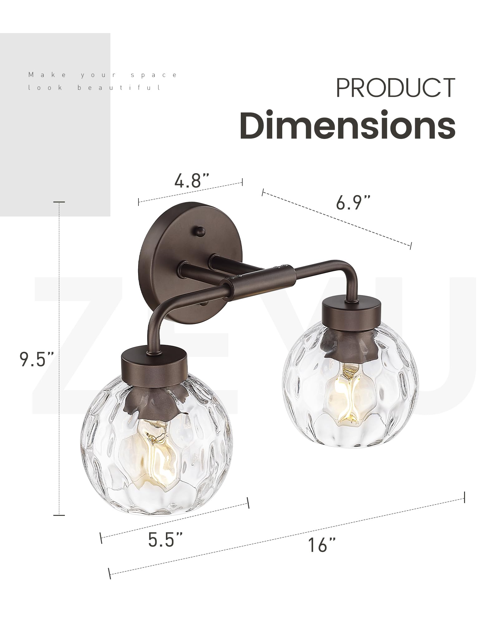 Zeyu 2-Light Bathroom Vanity Light  Farmhouse Wall Sconce Lighting With Water Ripple Globe Glass  Oil Rubbed Bronze Finish  Zs62Bg-2W Orb-Wg