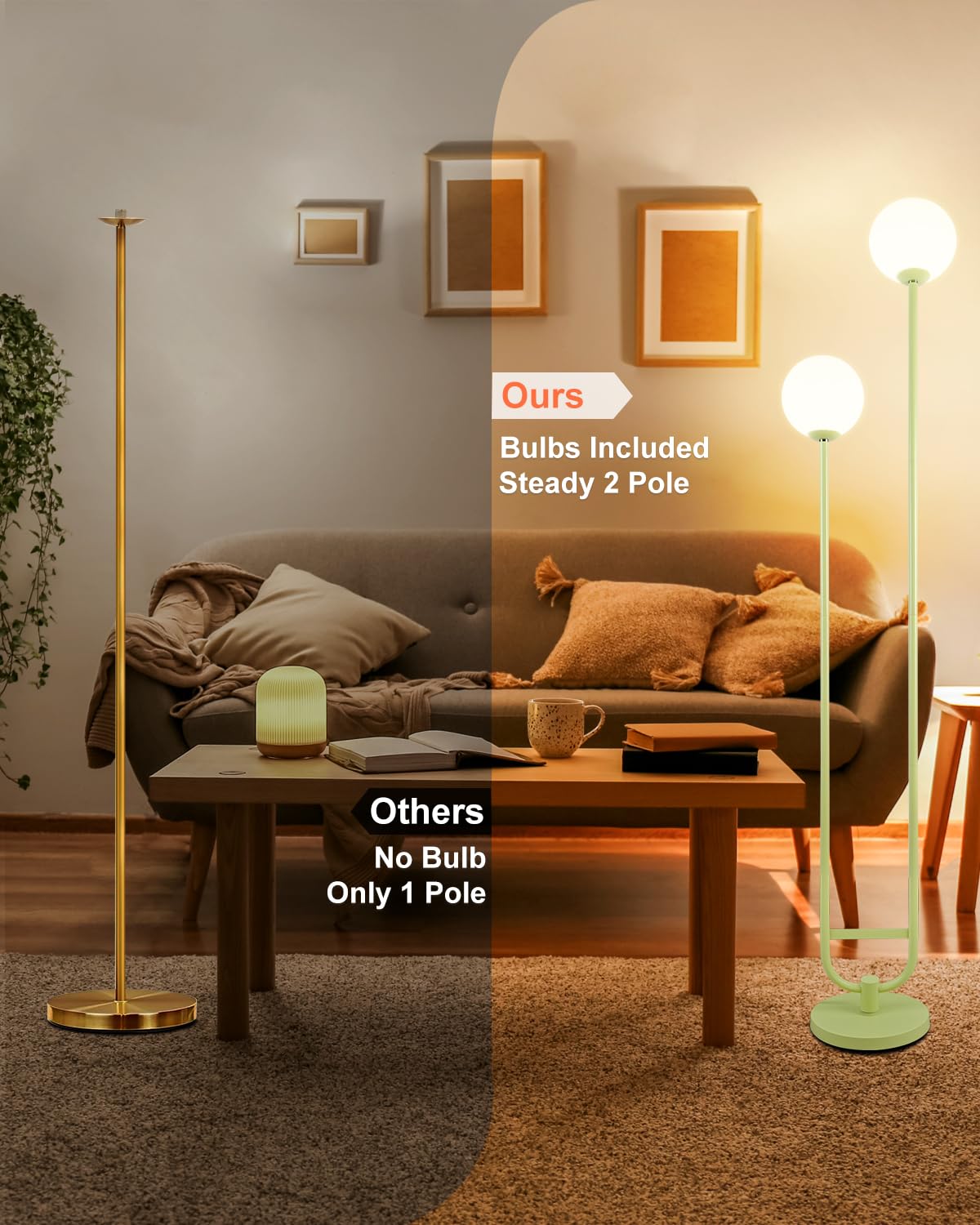 Lightdot 63In Globe Floor Lamp With Green U Pole, Modern Mid Century Standing Lamps With 2 Globe Warm White 3000K Bulbs Included