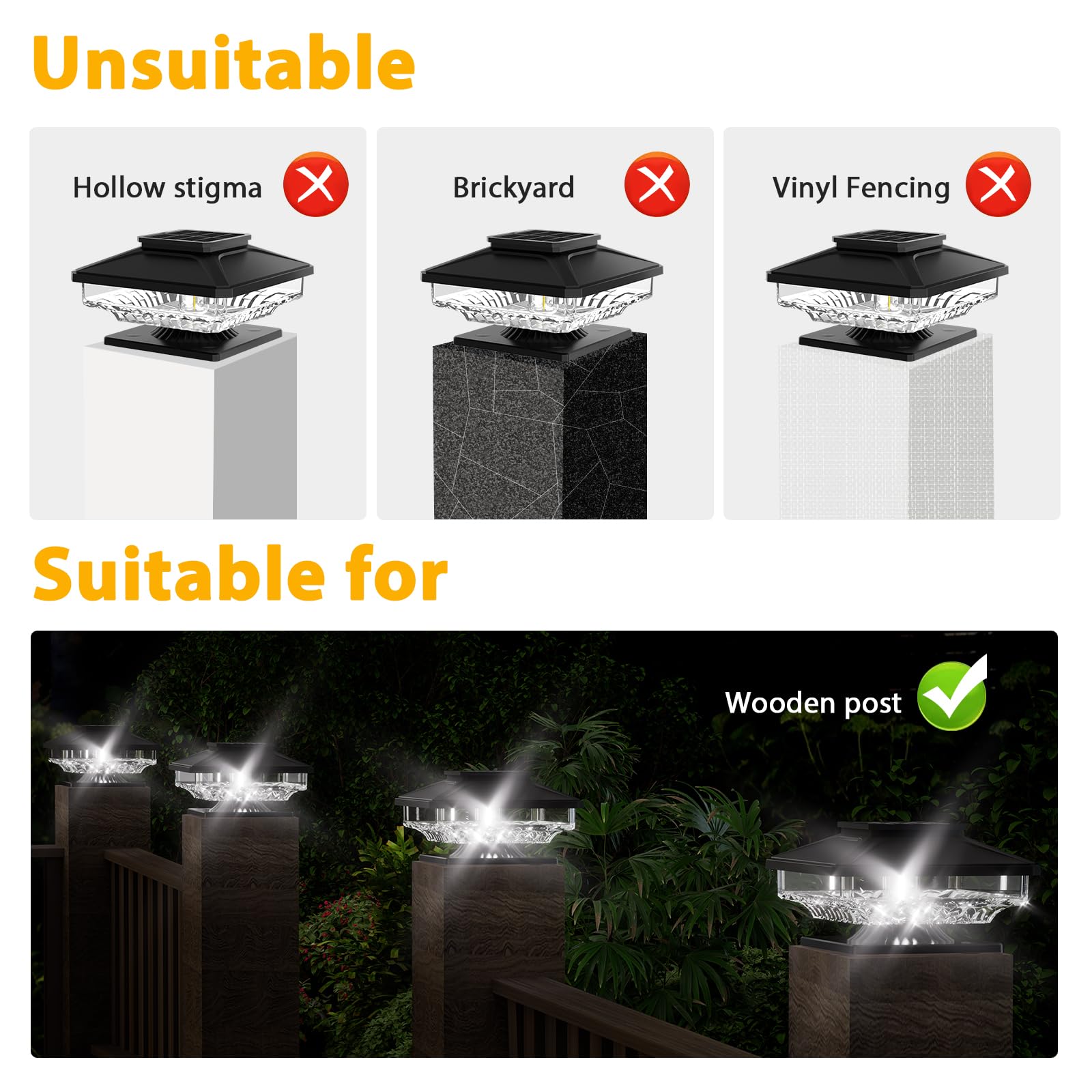 6 Pack Solar Post Cap Lights,[Not Hollow Post],Bright White Solar Post Lights Outdoor Waterproof Fence Post Cap Lights, Outside Post Lights Solar Powered Deck Lights For 4X4 5X5 6X6 Wood Posts