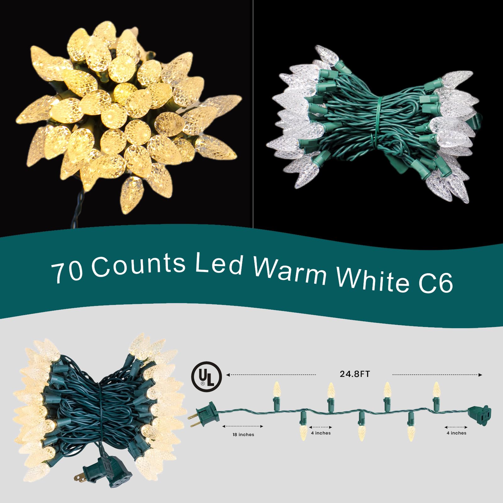 FESTIA Warm White Lights C6 LED Green Wire Christmas Decorations Lights Outdoor and Indoors 70L 24.8 ft (2 Sets, 49.6ft) UL List