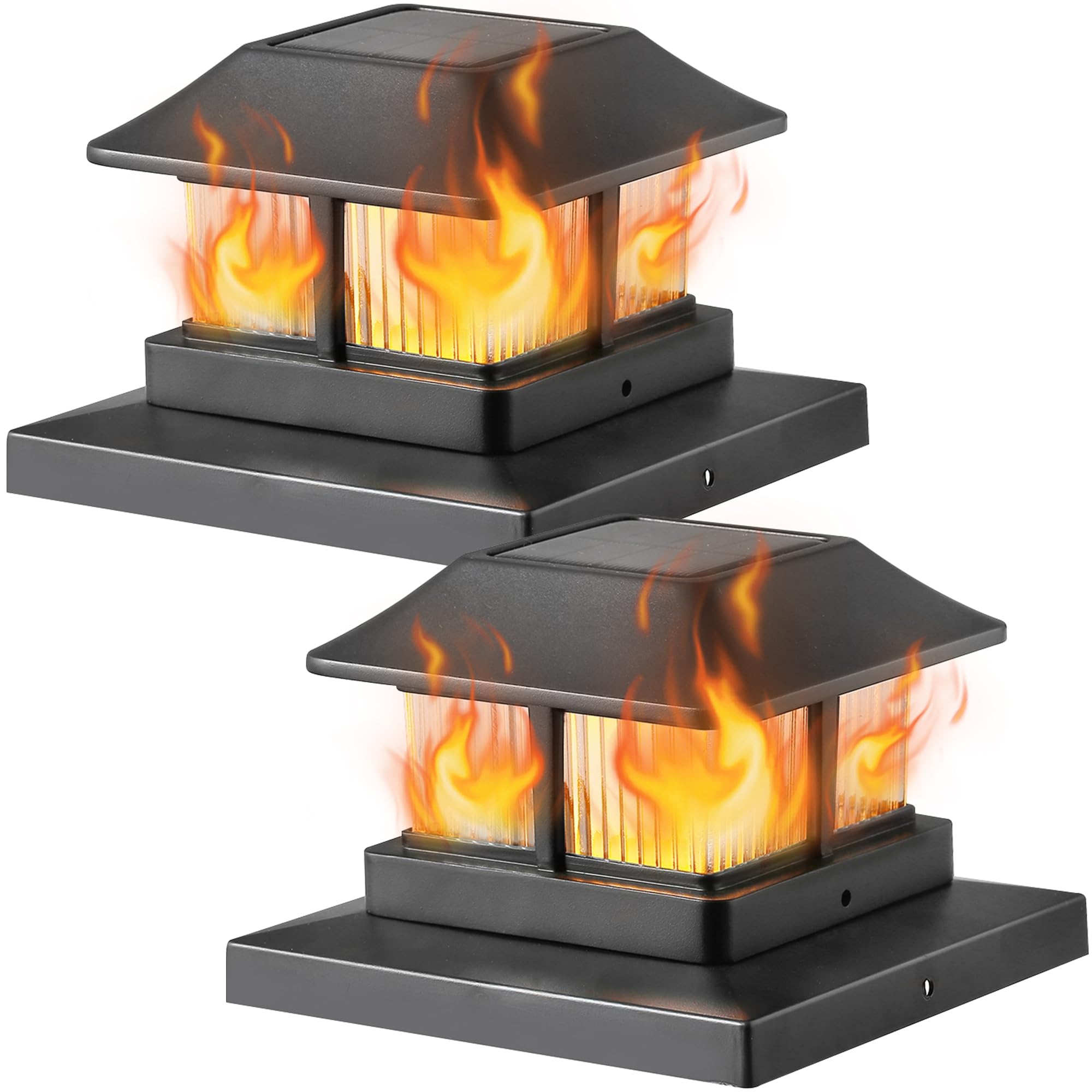 Dynaming Solar Flame Post Cap Lights Outdoor, Solar Powered Fence Post Light, Flickering Flame LED Lantern Lamps Waterproof for 