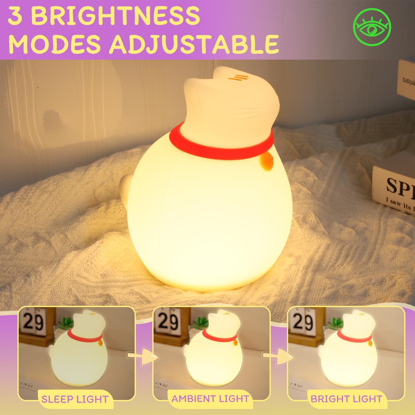 MAGOHMT Cat Night Light for Nursery, Silicone Rechargeable Night Light with Timer & 3 Modes, Touch Control Kids Bedroom Light (C