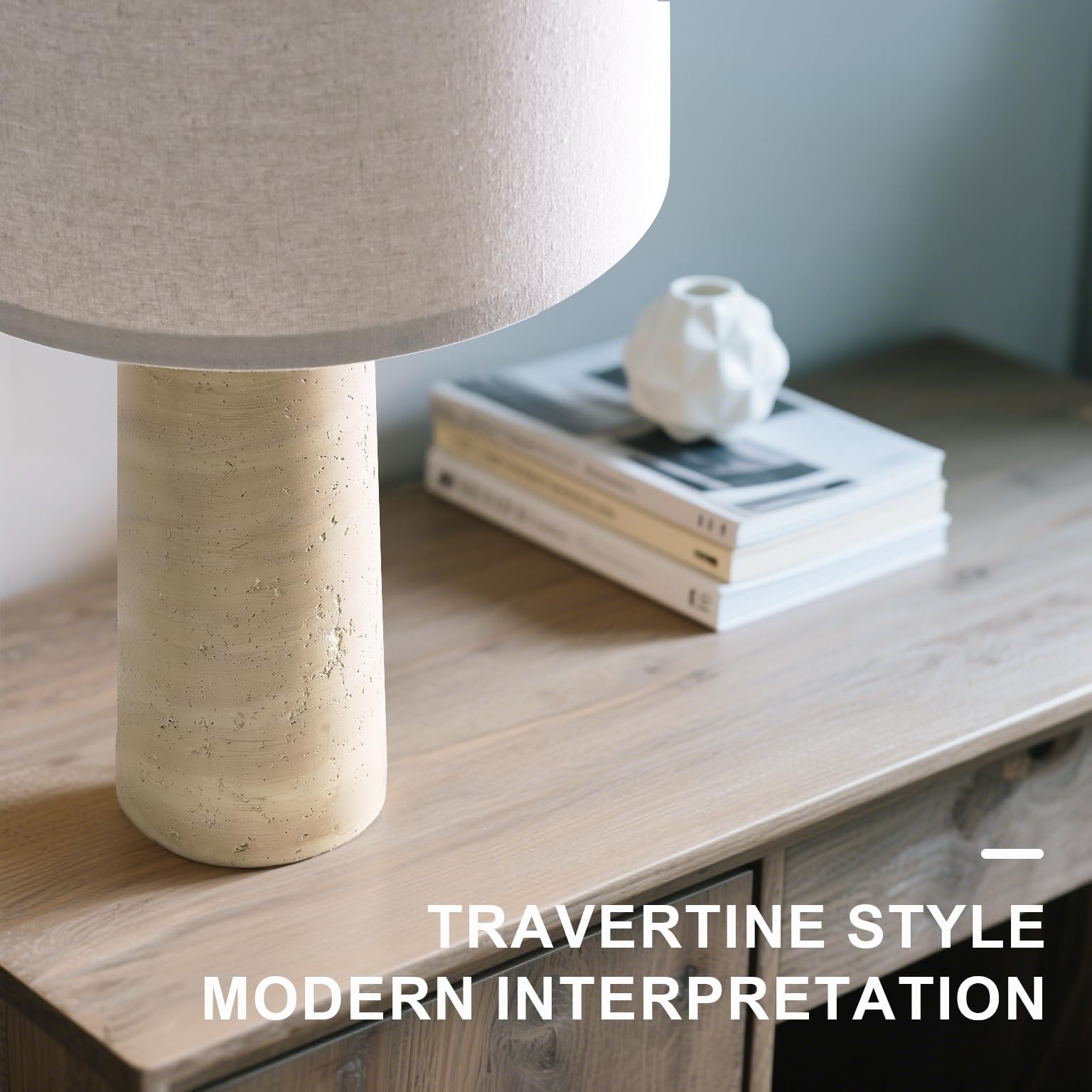 BOBOMOMO Modern Table Lamp Set of 2, 27.25" Beige Resin with Linen Shades, Travertine Look for Living Room, Bedroom, Nightstand