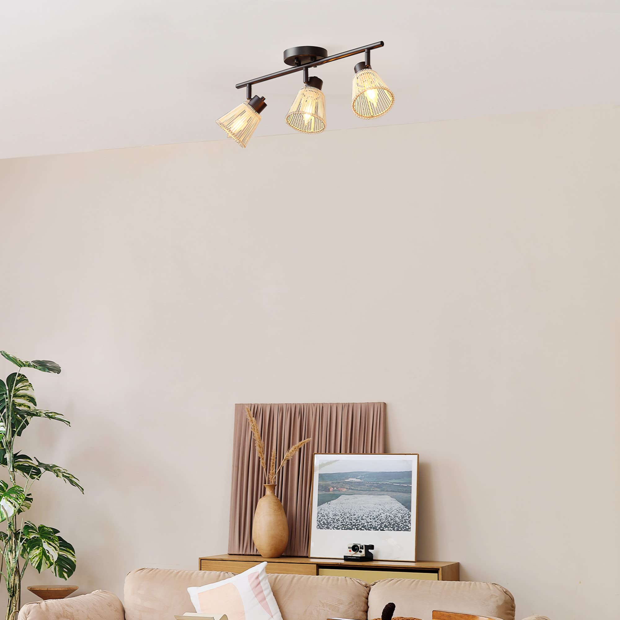 Globe Electric 64000042 3-Light Track Lighting, Matte Black, Bamboo Shades, Ceiling Light, Track Light Heads, Pivot Shades, Trac