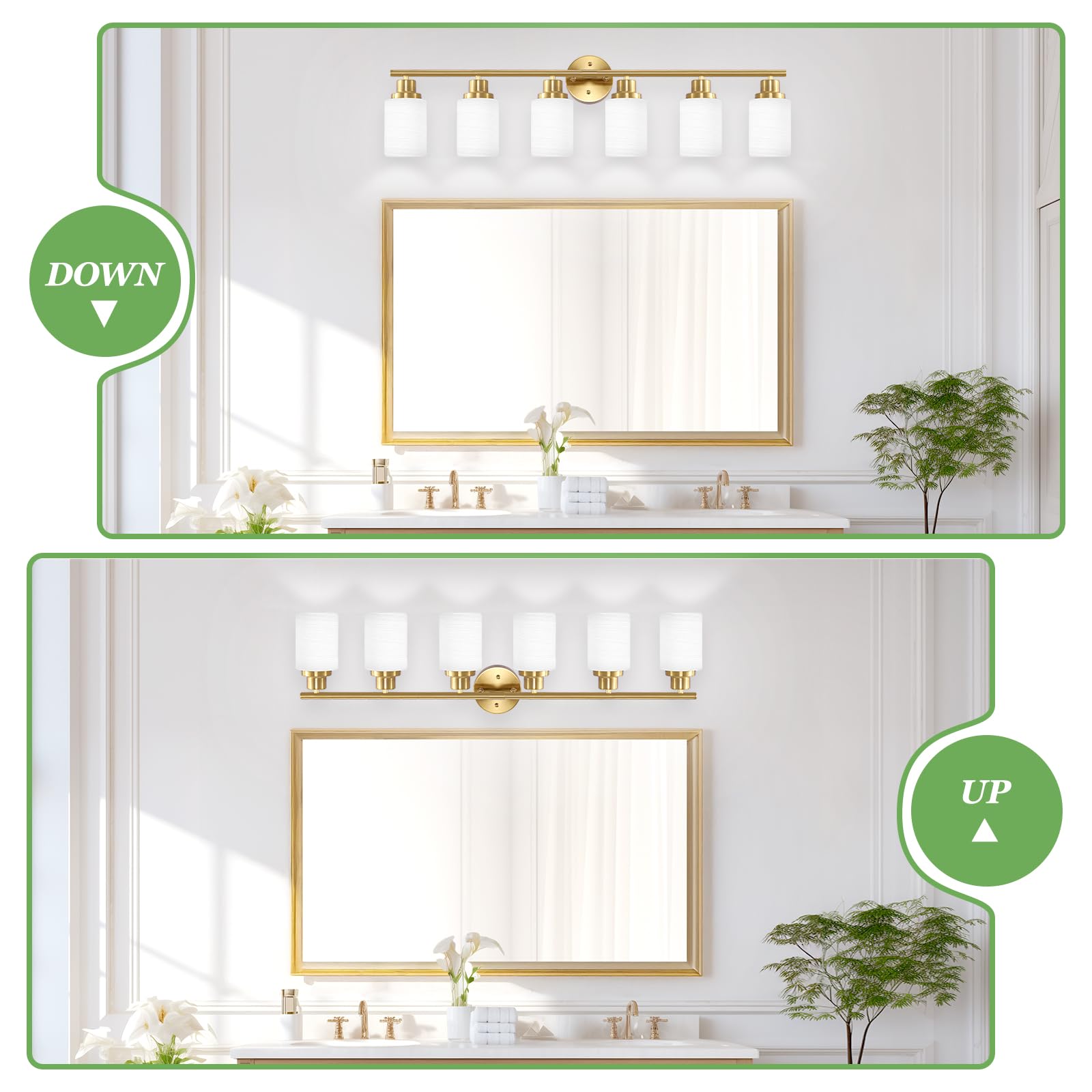 Guliaofo 6-Light Gold Bathroom Light Fixture, Bathroom Vanity Light Fixture Over Mirror, Bathroom Wall Lights With Milky White F
