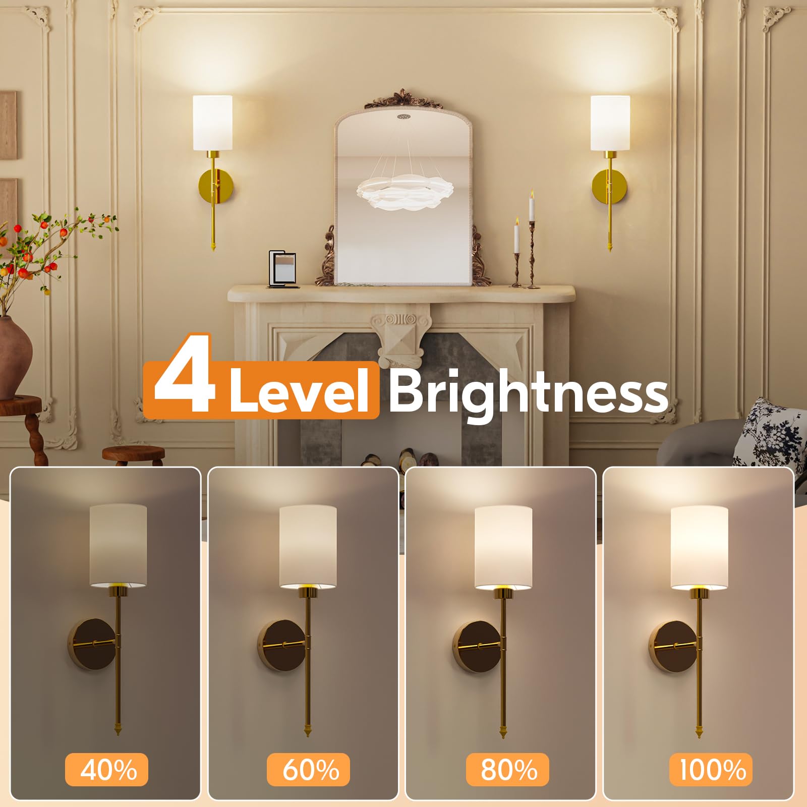 NIORSUN Battery Operated Wall Sconce Set of 2, Gold, 20.67" Iron Lights with 5200mAh Dimmable Bulbs and Remote, Model 16226