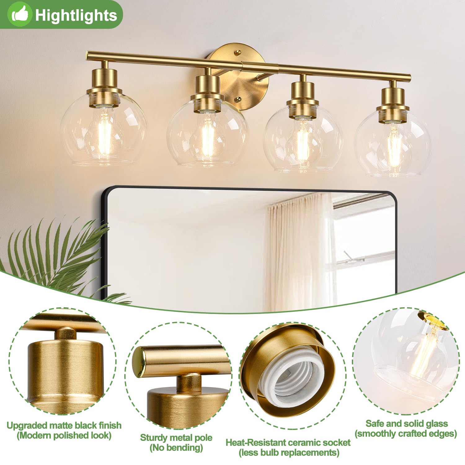 4-Light Bathroom Light Fixtures 2024 Upgrade, Gold Modern Vanity Lights Over Mirror With Clear Glass Globe Shade, Bathroom Wall