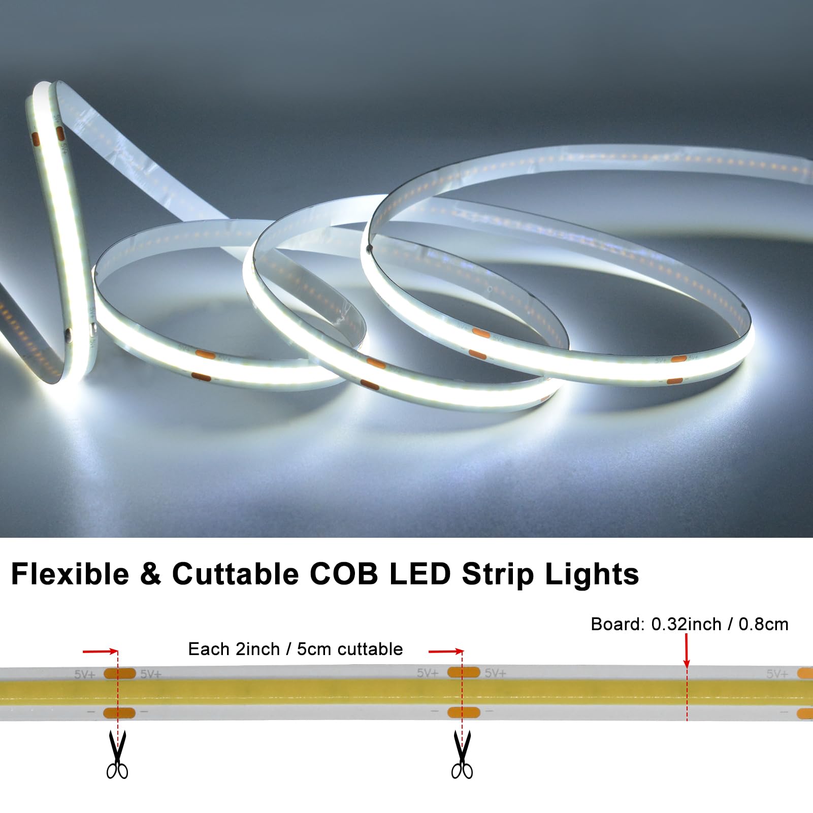 Lumbelle Cob Led Light Strip Battery Operated, 6.6Ft 640 Led Dimmable Strip Lights Cuttable Flexible Led Strip For Tv, Cabinet Bedroom Kitchen Home Decoration Diy Lighting 6000K Cool White