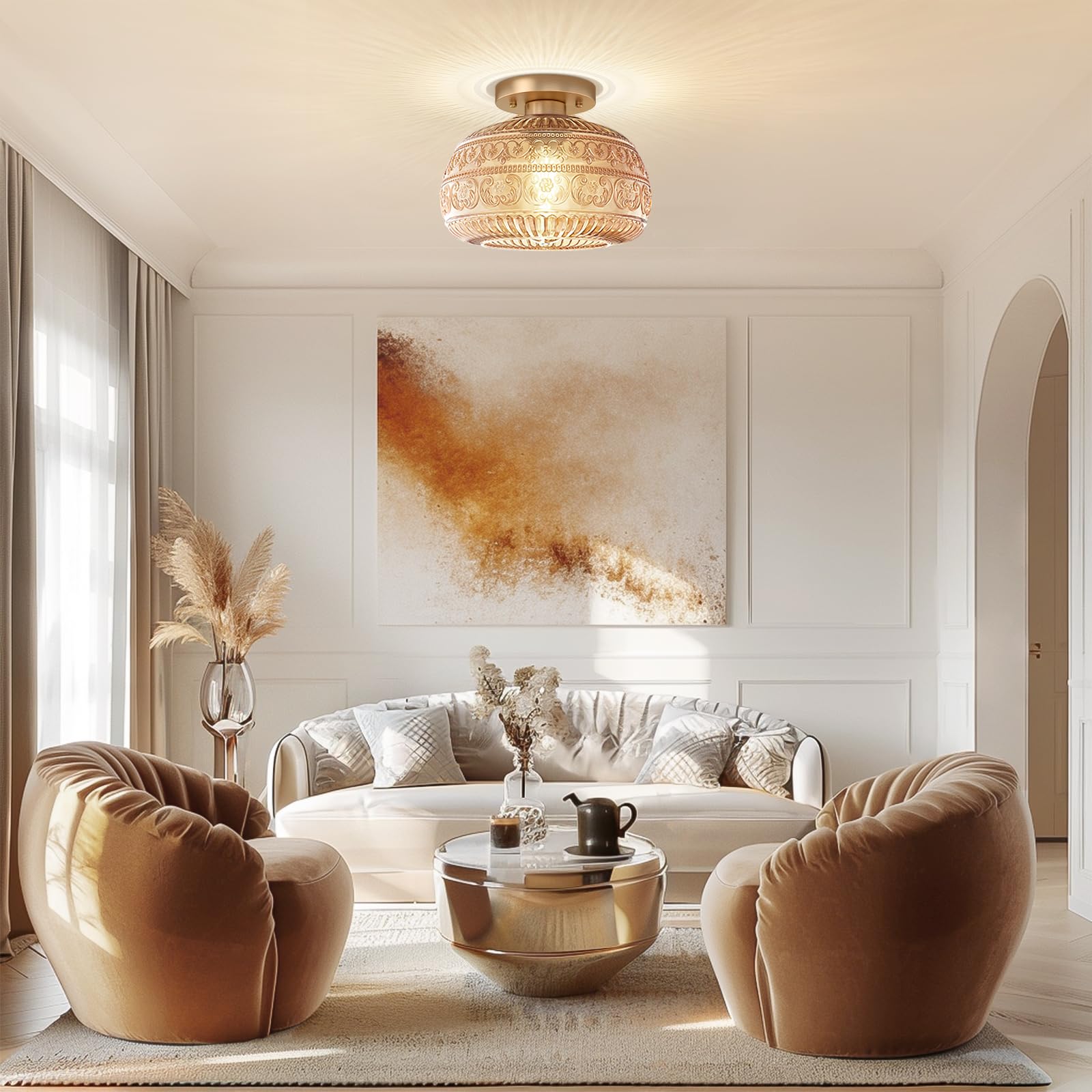 Oykyohei 11&quot; Vintage Gold Semi Flush Mount Ceiling Light With Amber Glass For Hallway, Kitchen, Bath