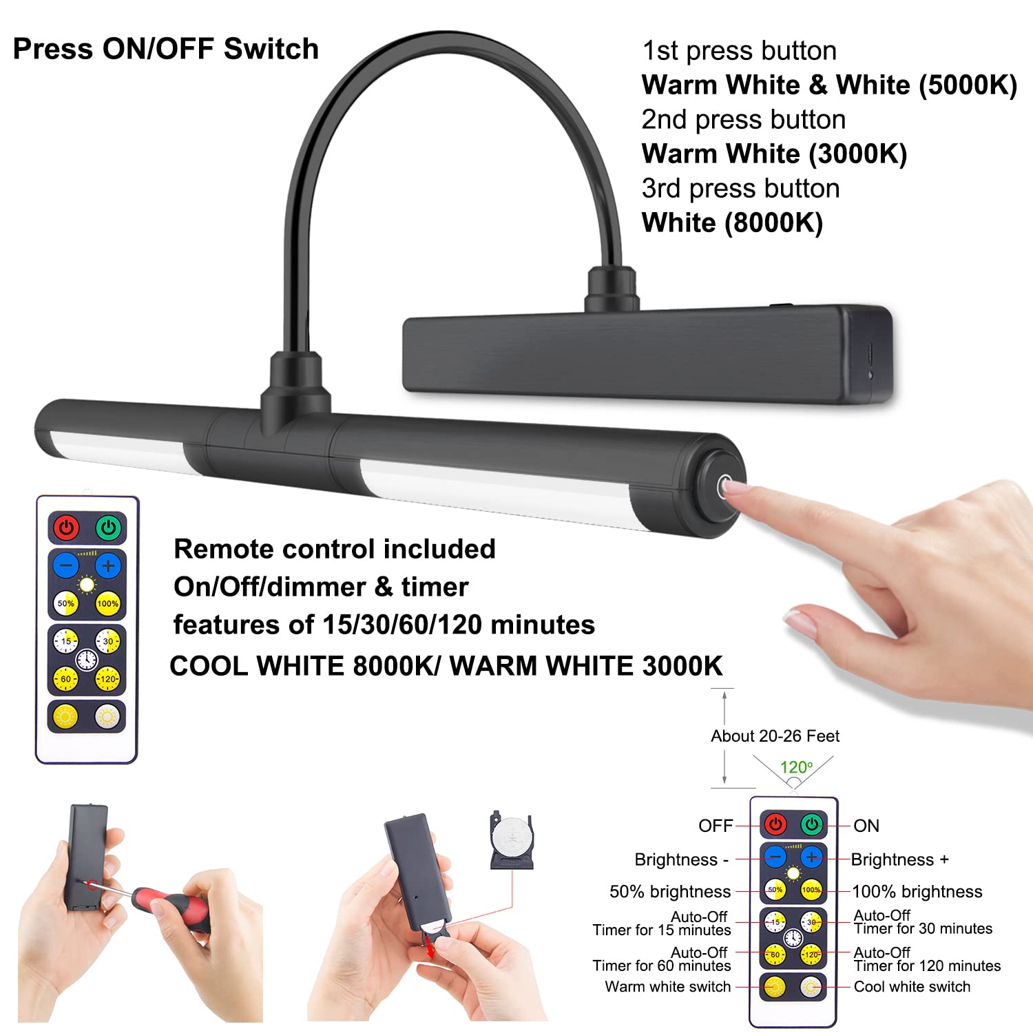 Picture Lights For Paintings,Recgargeable Battery Wireless Art Light With Remote Control,Dimmable And Timer Off Display Light Wi