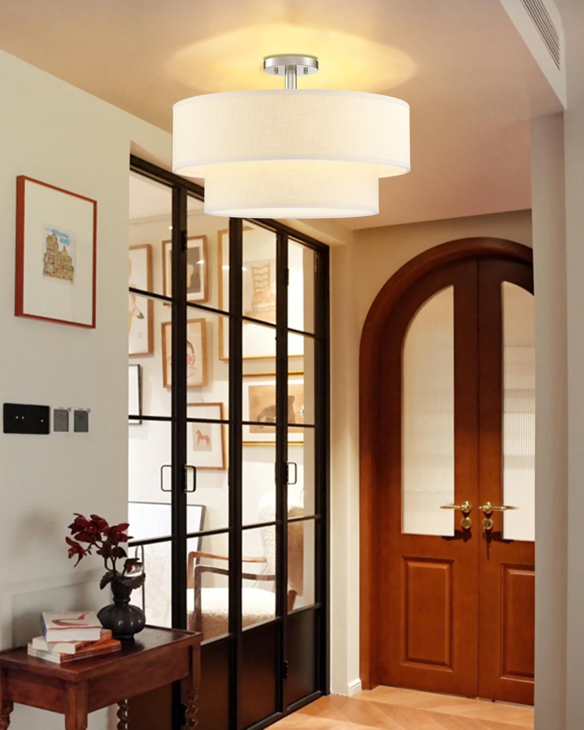Dolaimi House 5-Light Semi Flush Mount Ceiling Light - 22" Cream Linen Shade, Brushed Nickel Finish, Model B110D5BN