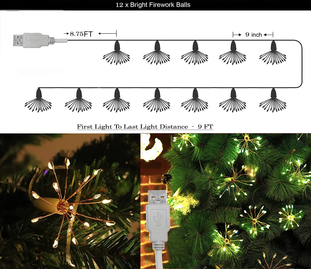 Litehom Starbursts Light, 12 Bright Starbursts Design Sparckle 10Ft Light With Usb Operated Waterproof For Diwali, Home Decorati