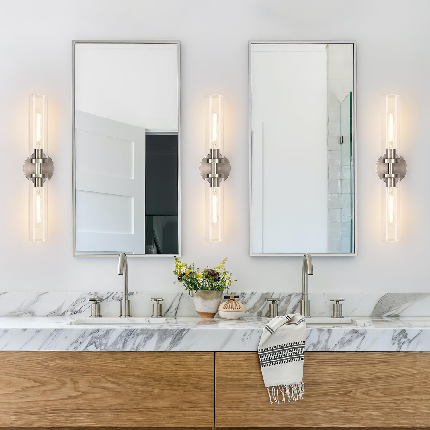 Wall Sconces Set Of Two, Hardwired Brushed Nickel Bathroom Sconces Wall Lighting With Clear Glass, Modern Sconces Wall Decor Set