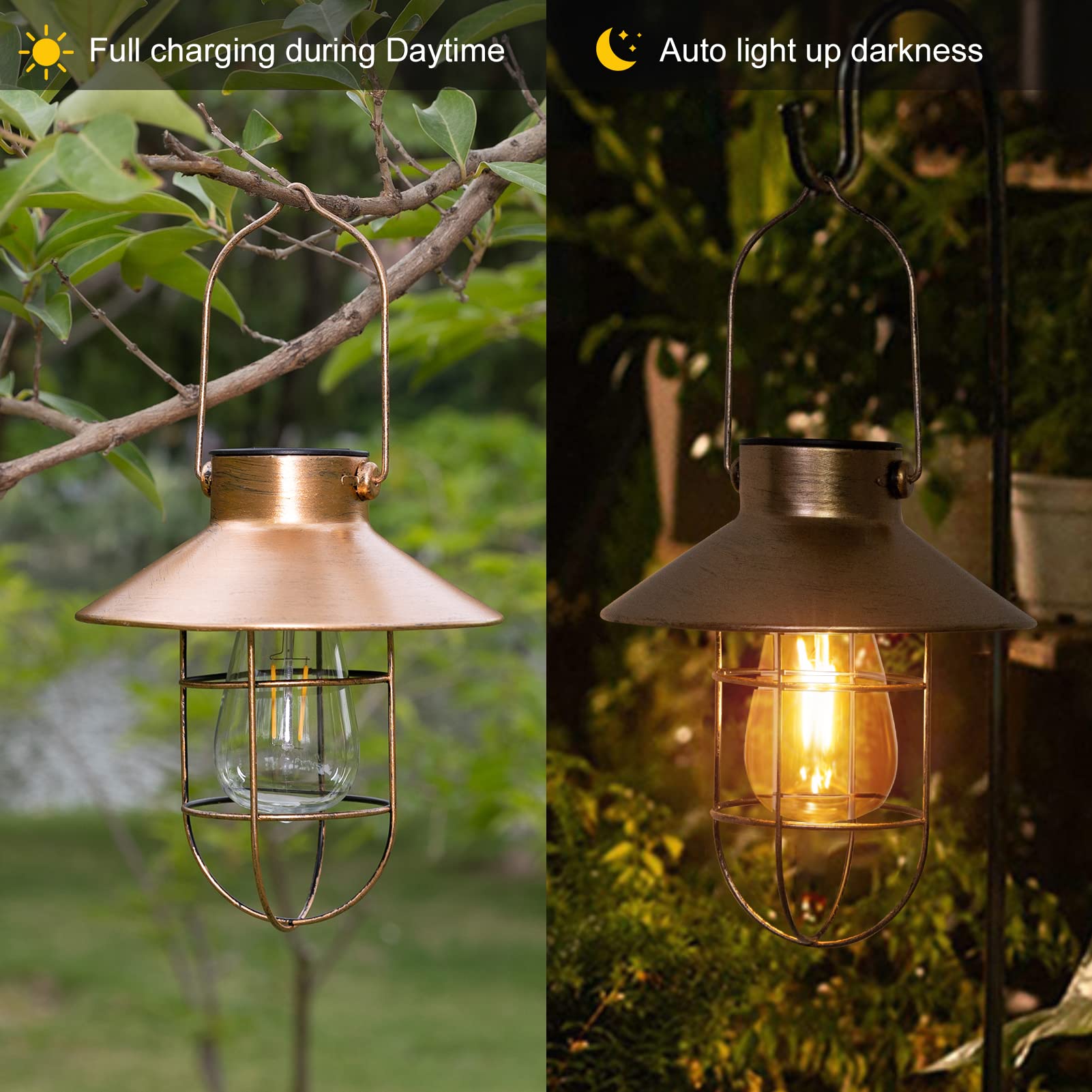 pearlstar Solar Lantern Outdoor Light Metal Farmhouse Design Warm White Bulb Brushed Copper 049