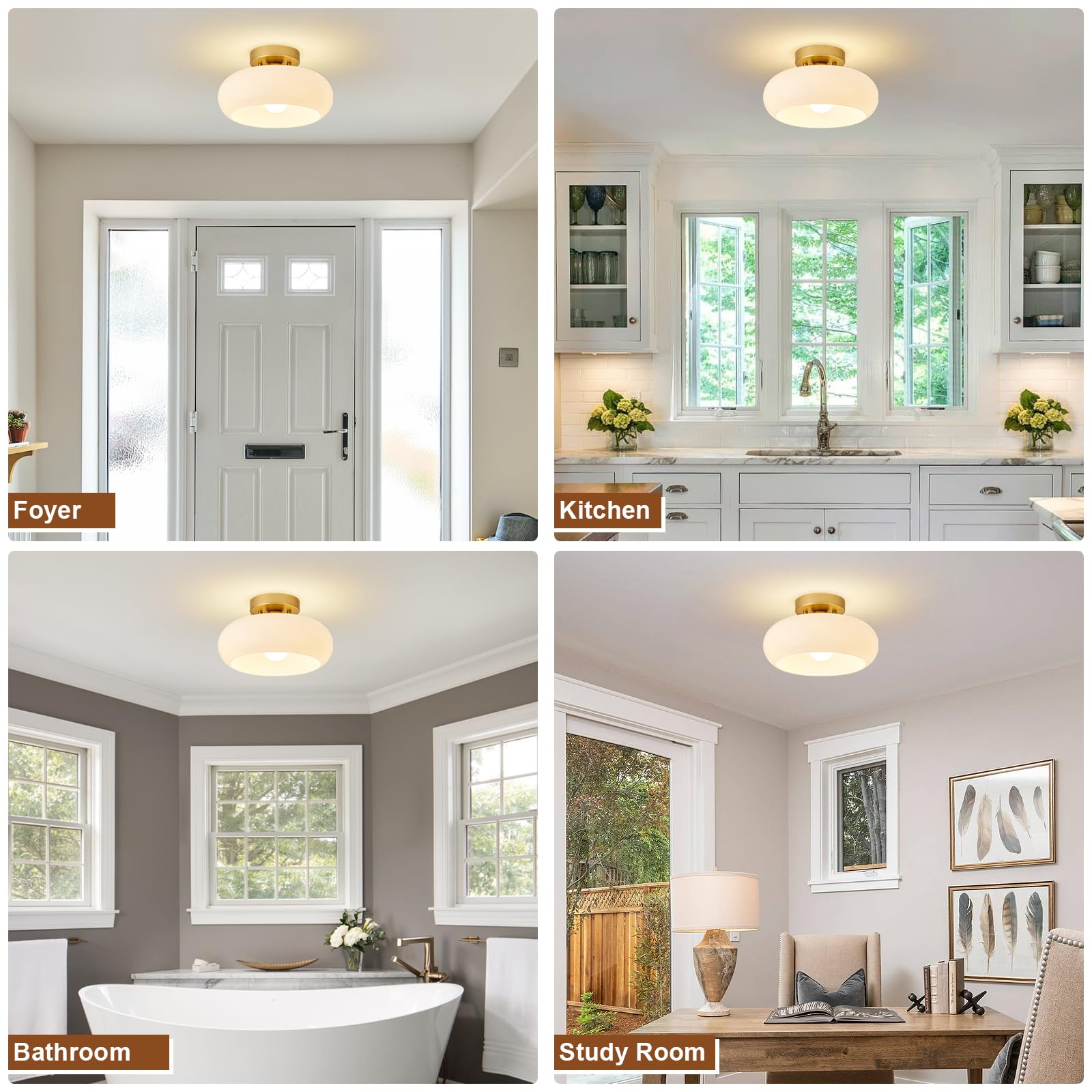 Woknos Mid-Century Modern Gold Semi Flush Mount Ceiling Light, Kitchen Ceiling Light Fixture With Glass Shade, Vintage White Clo