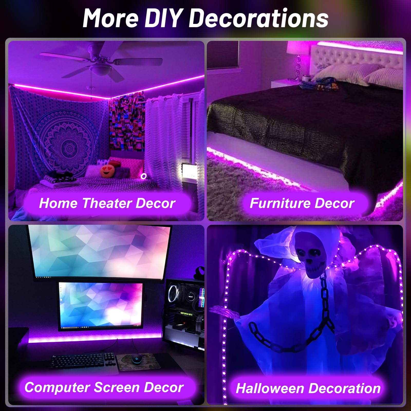 33Ft Black Strip Lights, Usb & Battery Operated Black Lights For Glow Party, Blacklight Strip Lights For Halloween Decoration Room Decor Glass Cabinet Case Display Fluorescent Paint(4Pack*8.2Ft)