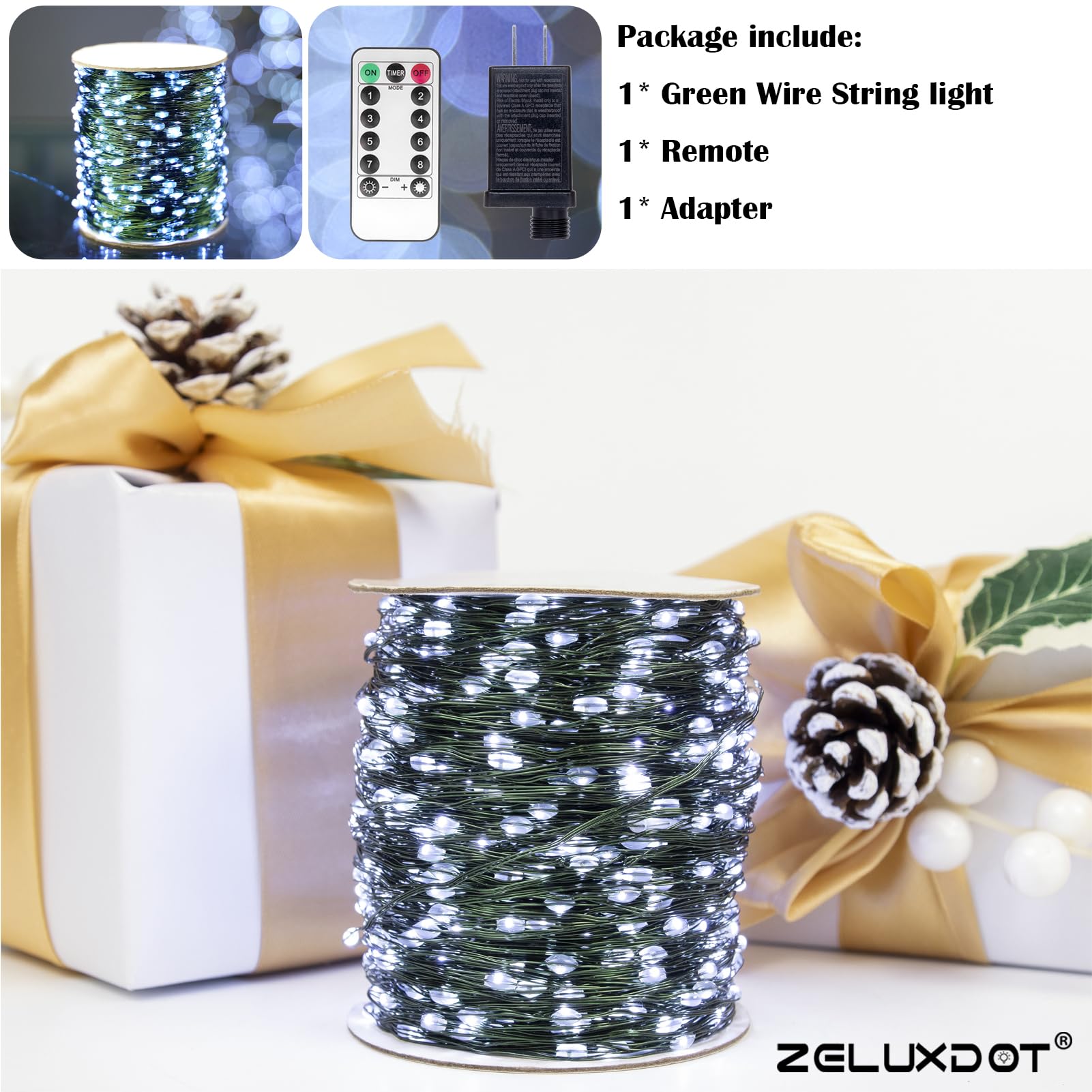 Zeluxdot 100Ft Waterproof Fairy Lights, 300 Leds, Cool White, 8 Modes, Remote Control, Green Wire For Indoor/Outdoor Decorations