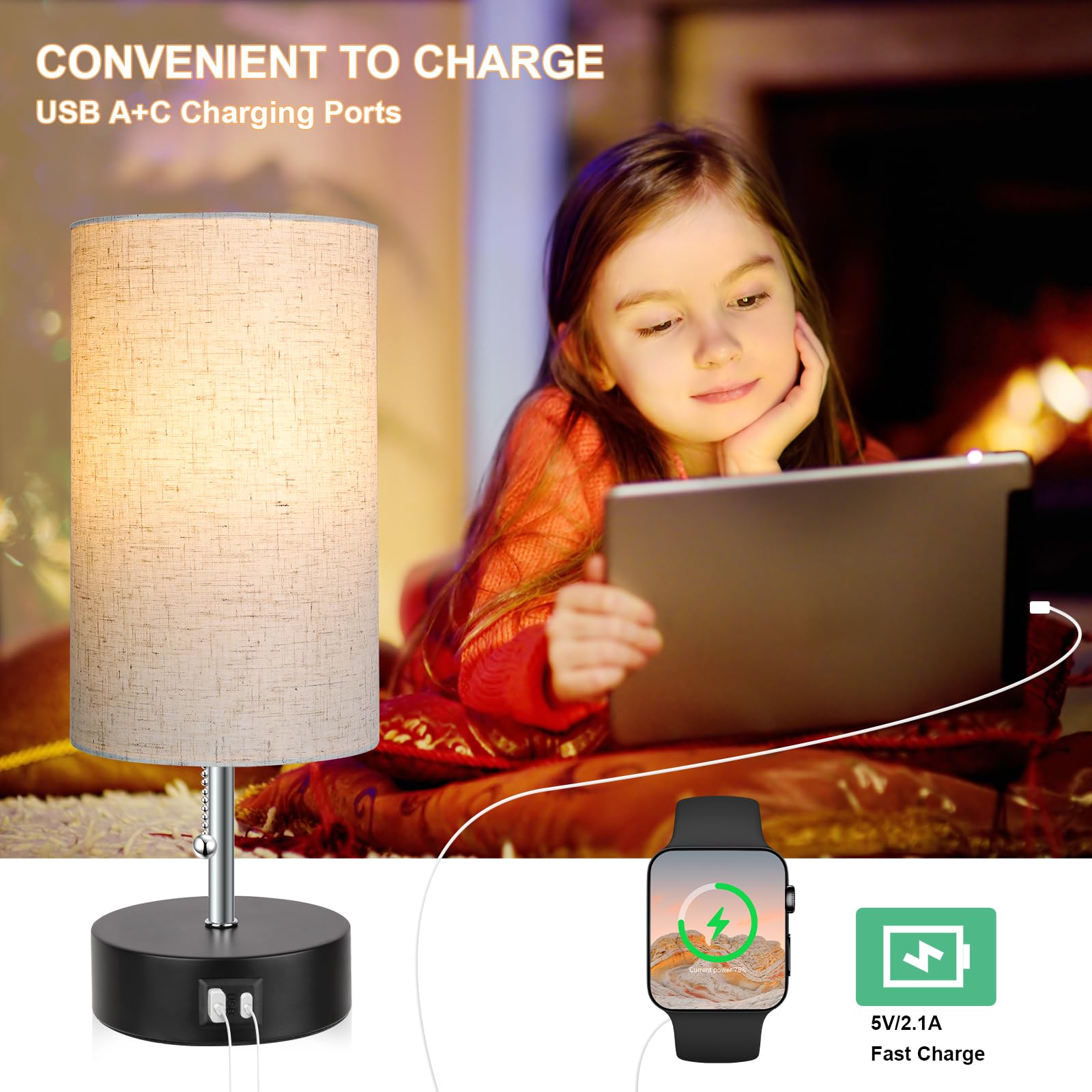 ROTTOGOON Bedside Lamp with USB Port, AC Outlet, LED Bulb, Oatmeal Color