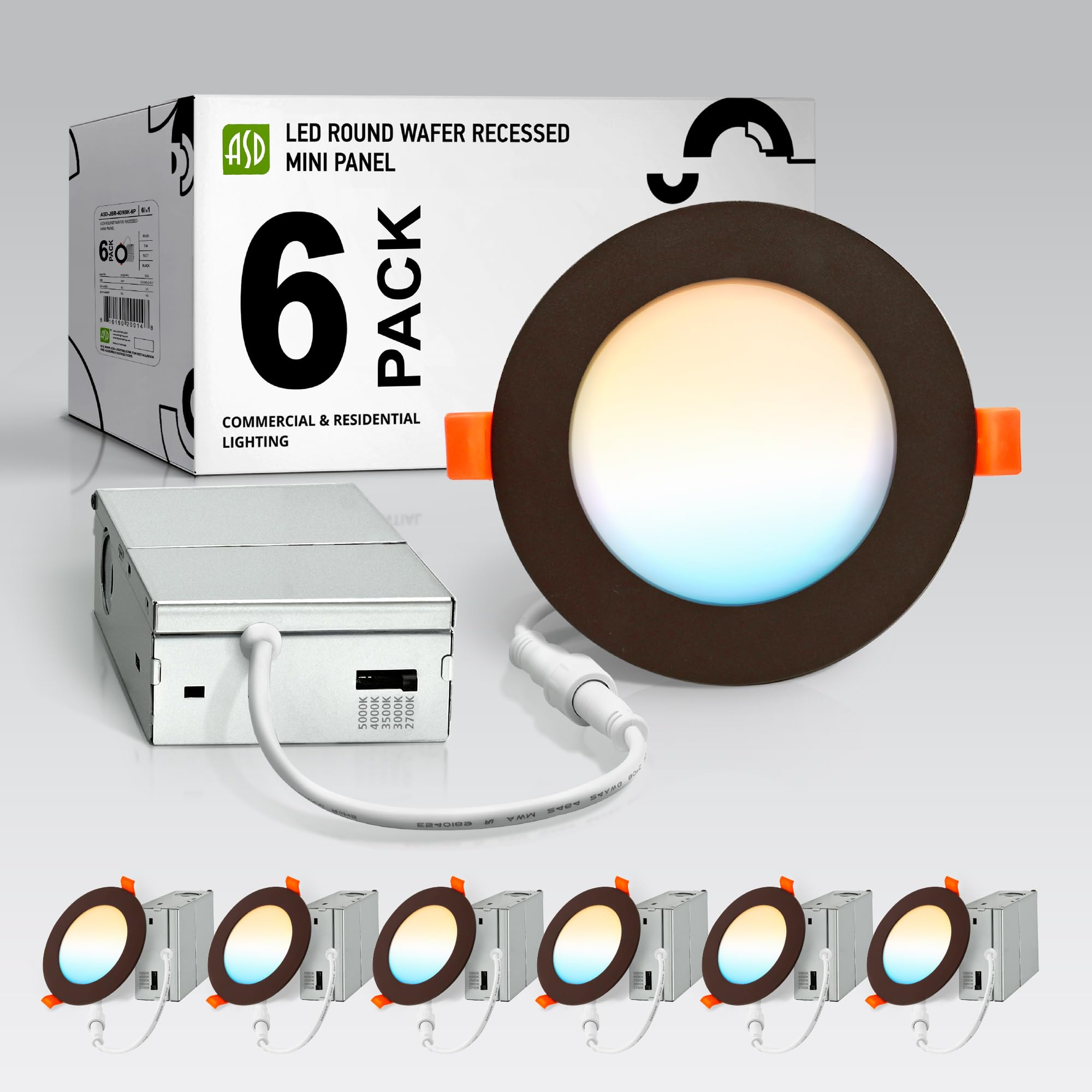 Asd 6 Pack Led Recessed Lighting 4 Inch 9W  5 Cct 2700K-5000K Cri90+  Ic Rated Ultra Thin Dimmable Ceiling Lights With J Box  Canless Wafer Downlight  Round Slim Panel Light  Energy Star Etl  Bronze