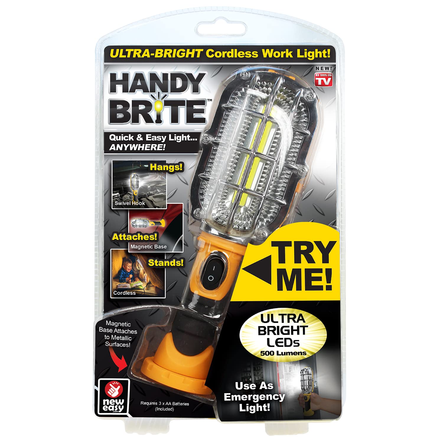 Ontel Handy Brite Led Work Light, 500 Lumens, Cordless, Magnetic Base, Battery-Powered Flashlight