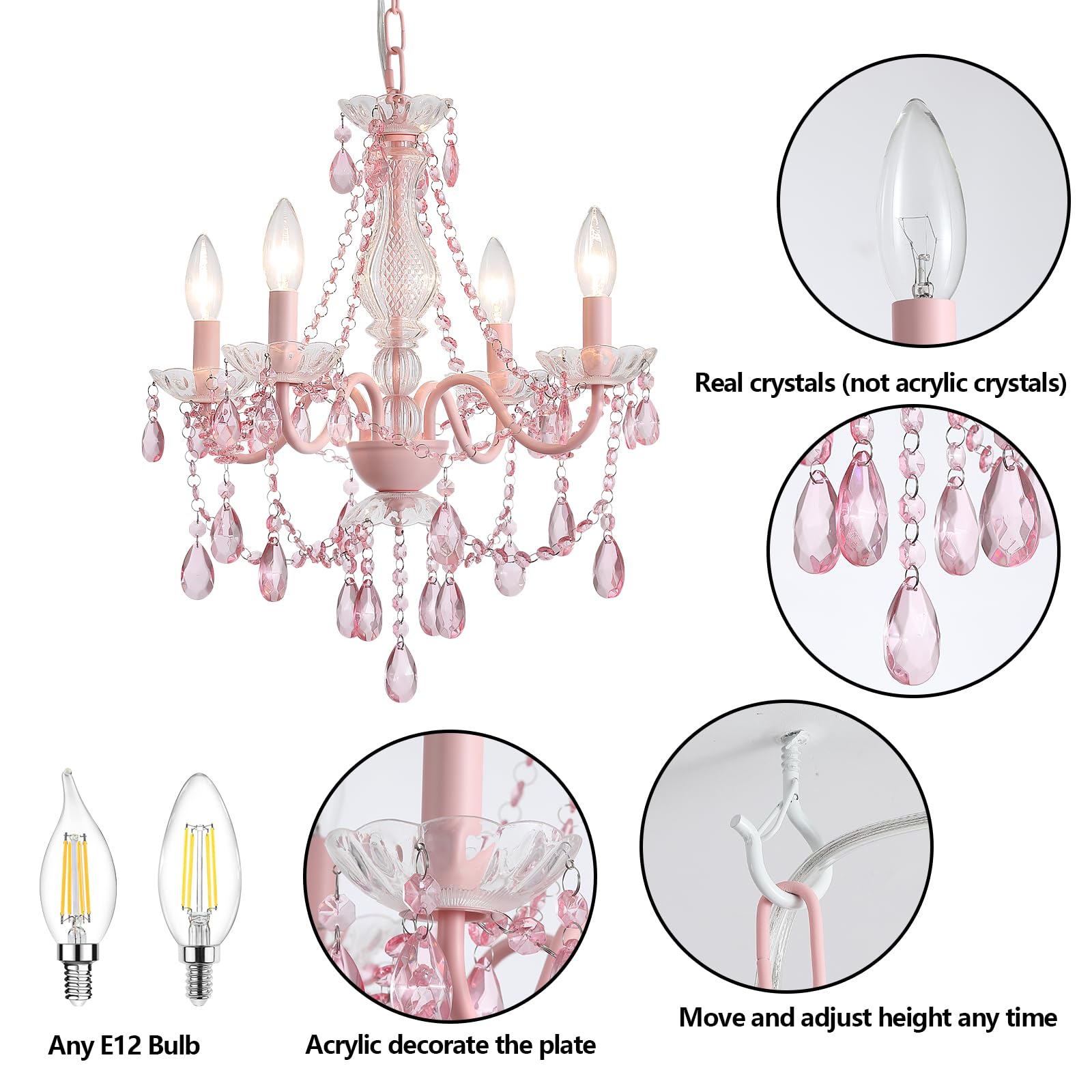 Plug In Crystal Pink Chandelier, (Not Acrylic Crystal),Mini 4 Lights For Girls Room,Pink Crystal Hanging Pendant Light With Clea