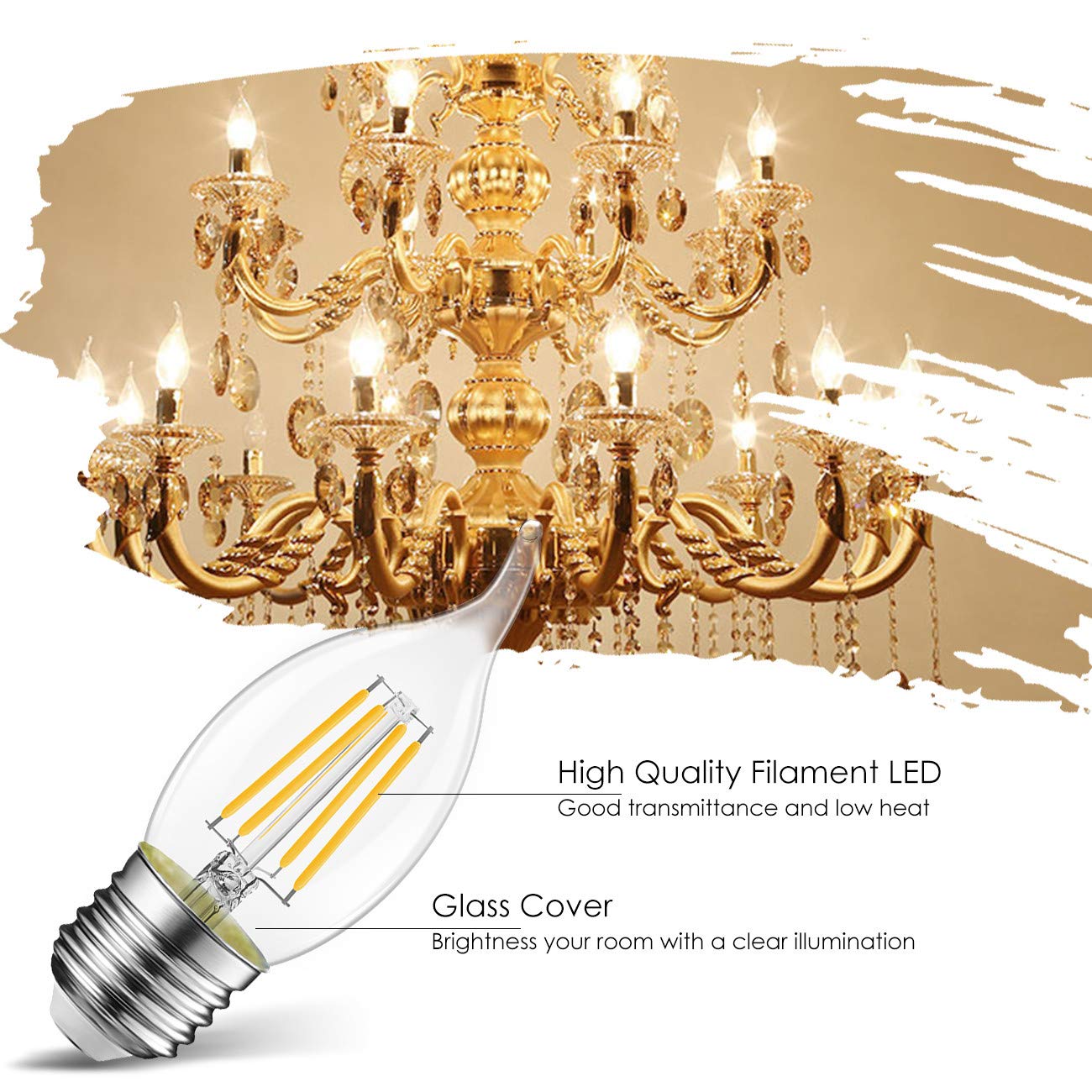 LVWIT Flame Tip LED Filament Bulb Dimmable 4.5W E26 Base 6-Pack Transparent 2700K Warm White