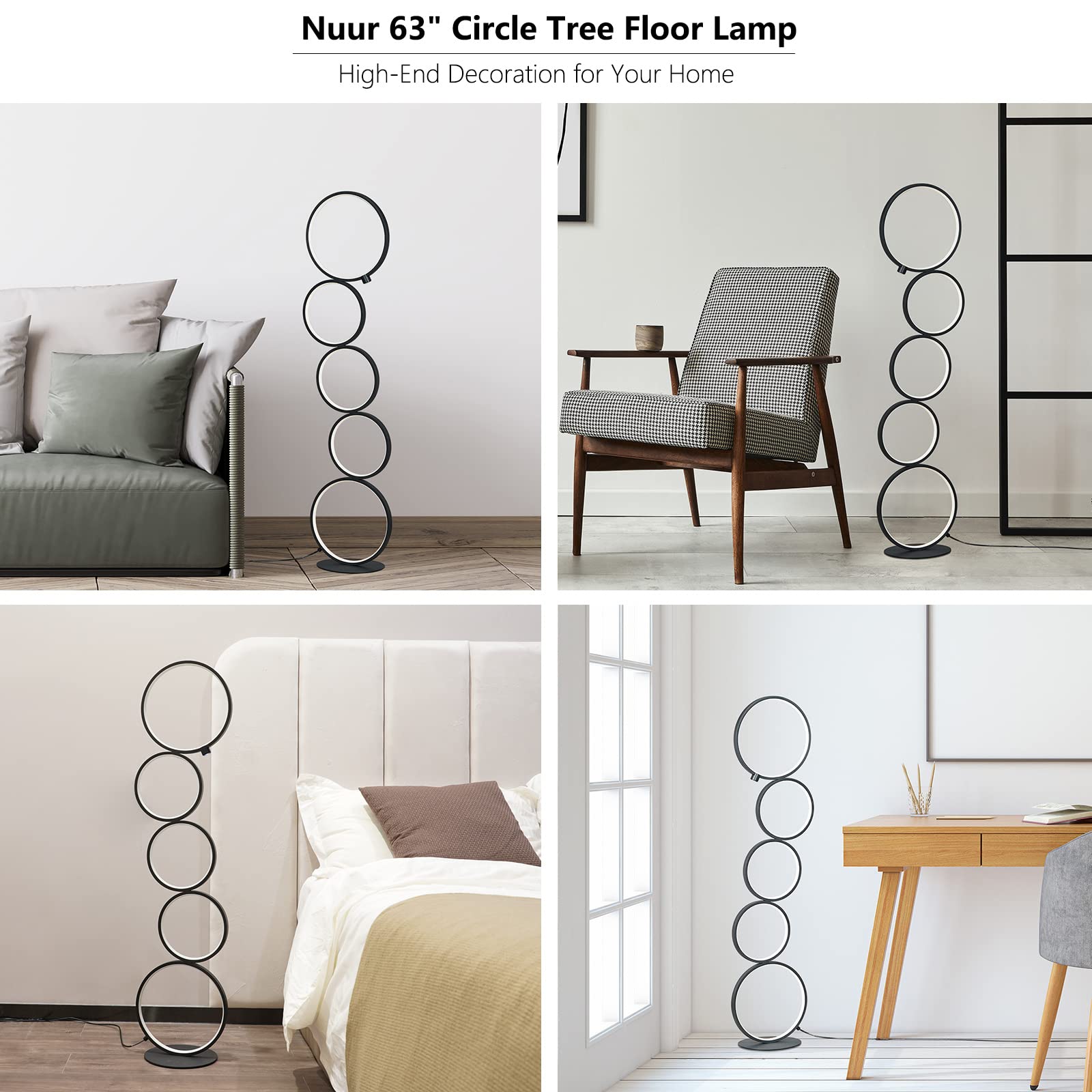 Nur 43.3'' Modern Floor Lamp, Ring Standing Lamp, Dimmable, Metallic Feel, Artistic Trendy Design, Energy-Saving, Touch Switch,