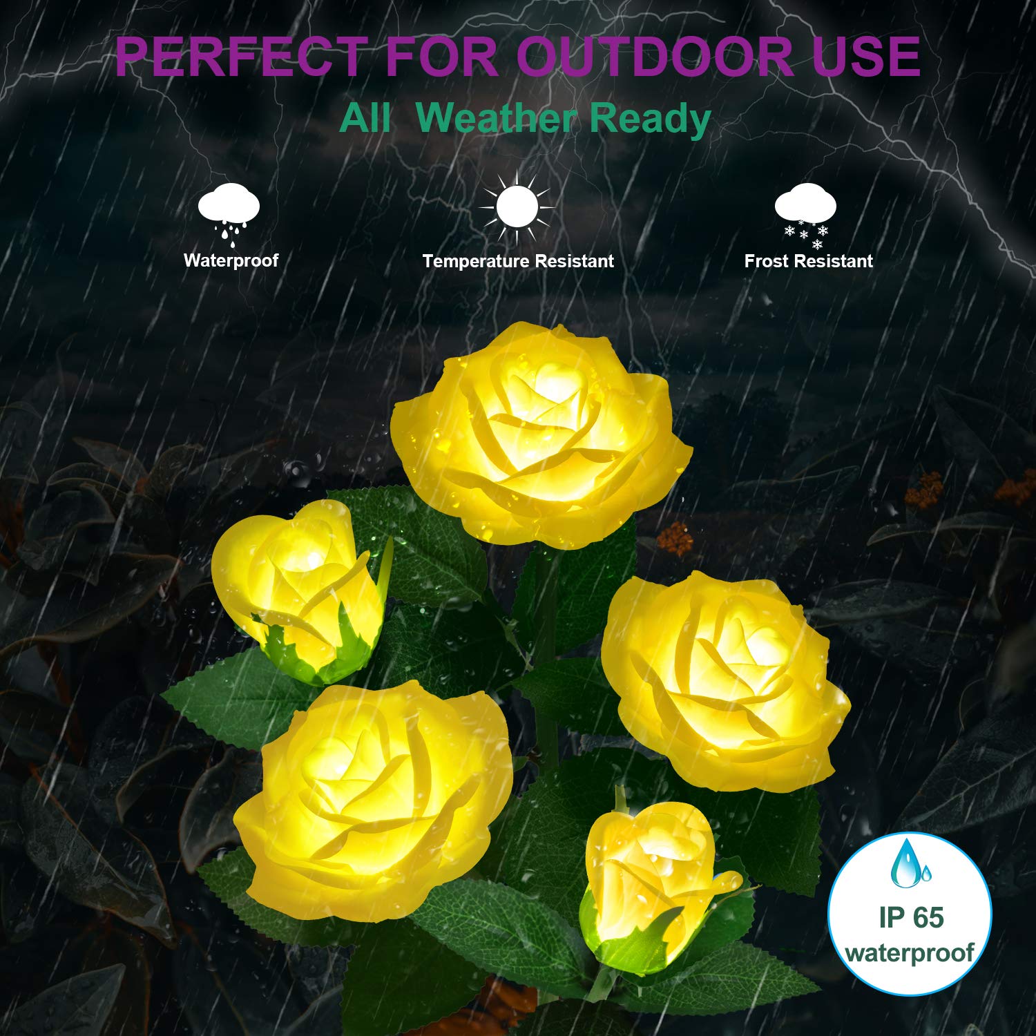 YWYWLED Solar Flower Lights Outdoor LED Waterproof, 5 Roses, 1 Pack, Yellow, Model 2023-5-12