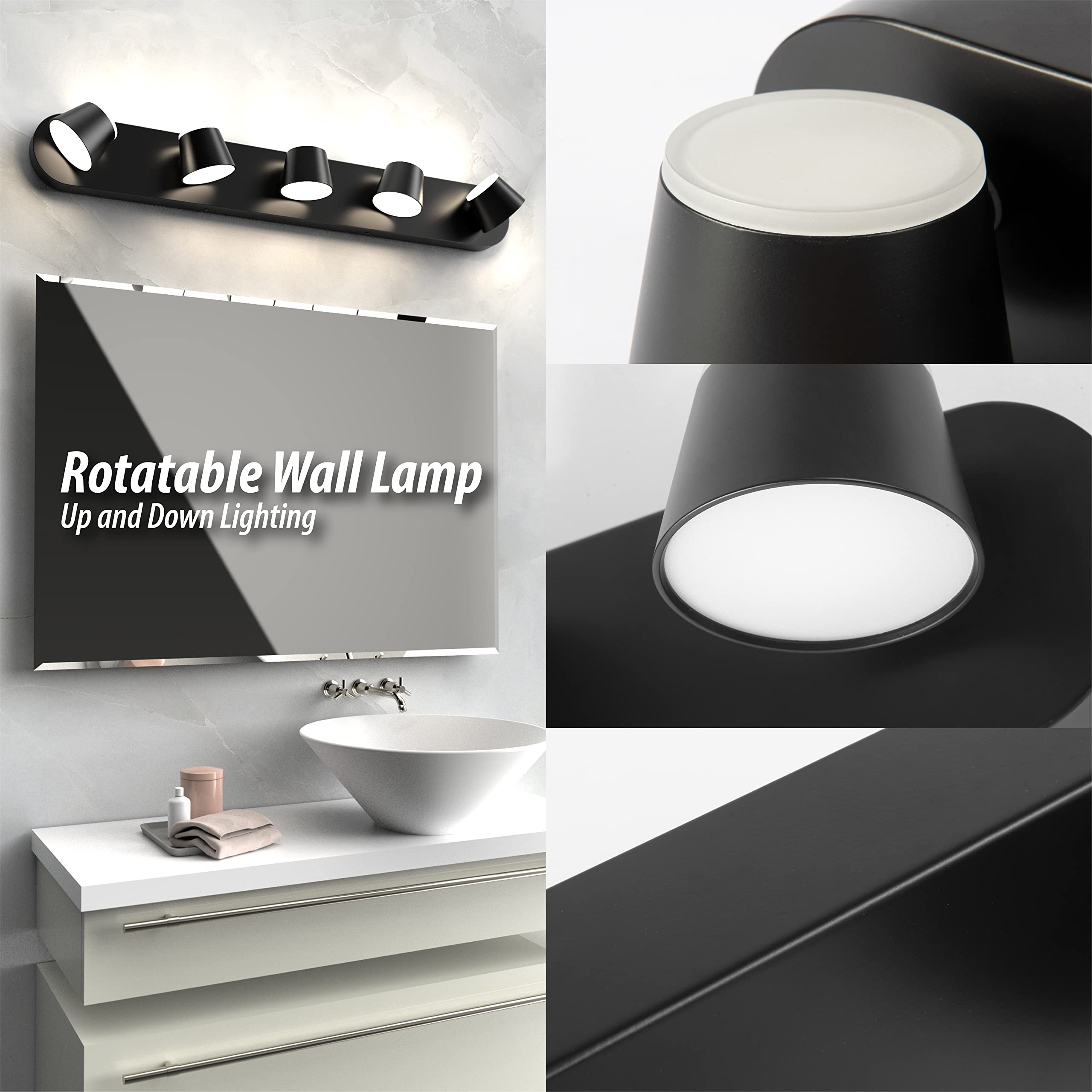 URSOLA 5 Light Bathroom Vanity Light Fixtures, Dimmable, 34in Black Acrylic, Model 7540-5T