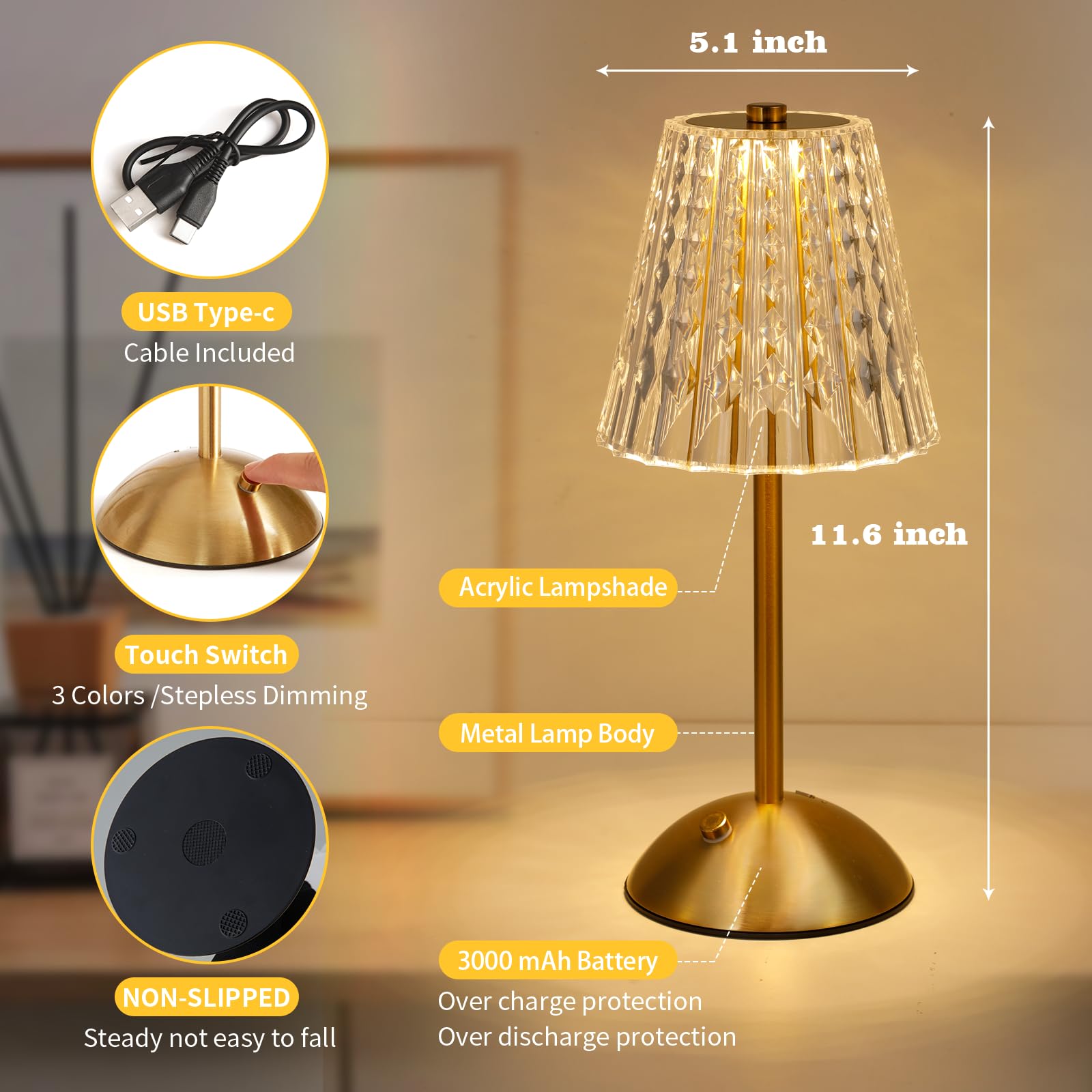 Fsaox Cordless Table Lamp - Touch Control, 3000mAh Rechargeable, Dimmable Ambient Light, Brass & Crystal, Model F-TL-003