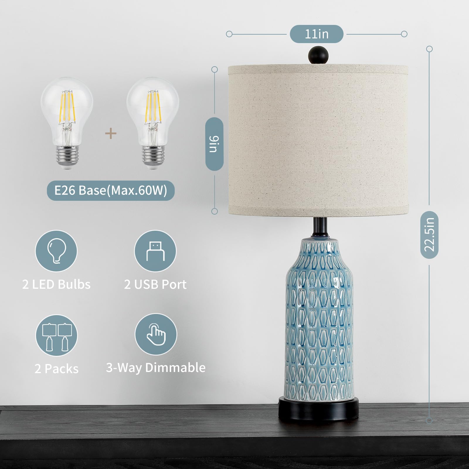 Cinkeda Blue Ceramic Table Lamps Set Of 2, Touch Control, Usb Ports, 3-Way Dimmable, Bulbs