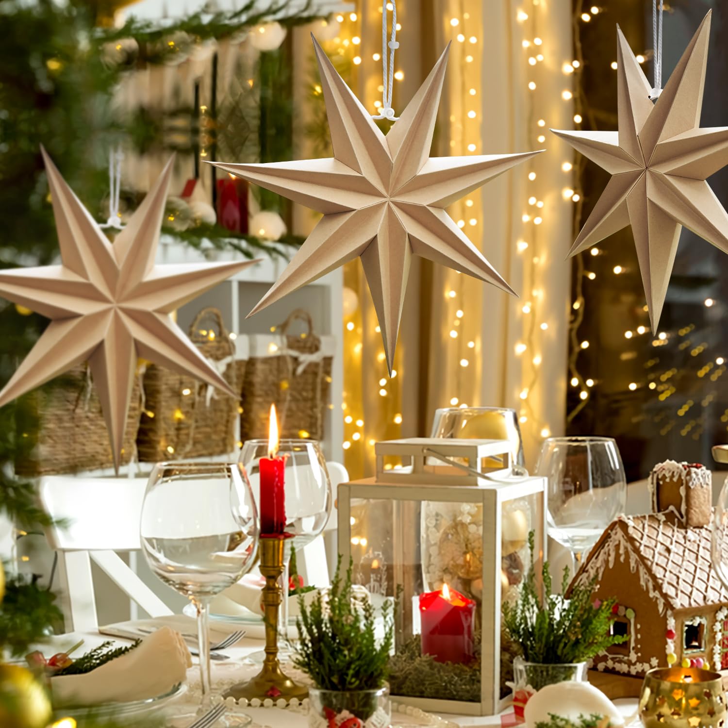 Sunbeauty 3 Pcs 7-Pointed Natural Paper Star Lanterns 12 Inch Christmas Hanging Lamp Rustic Paper Decorations Shade Wedding Birt