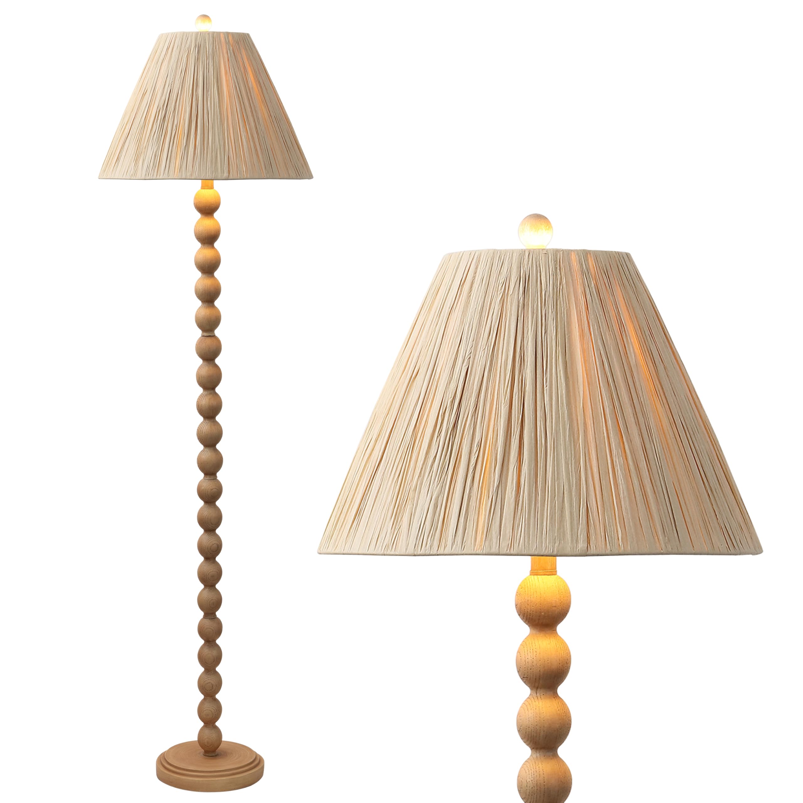 JONATHAN Y 61.5 Brown Wood Finish Bobbin LED Floor Lamp, Modern Rustic Spindle Standing Lamp with Light Brown Pleated Paper Shad