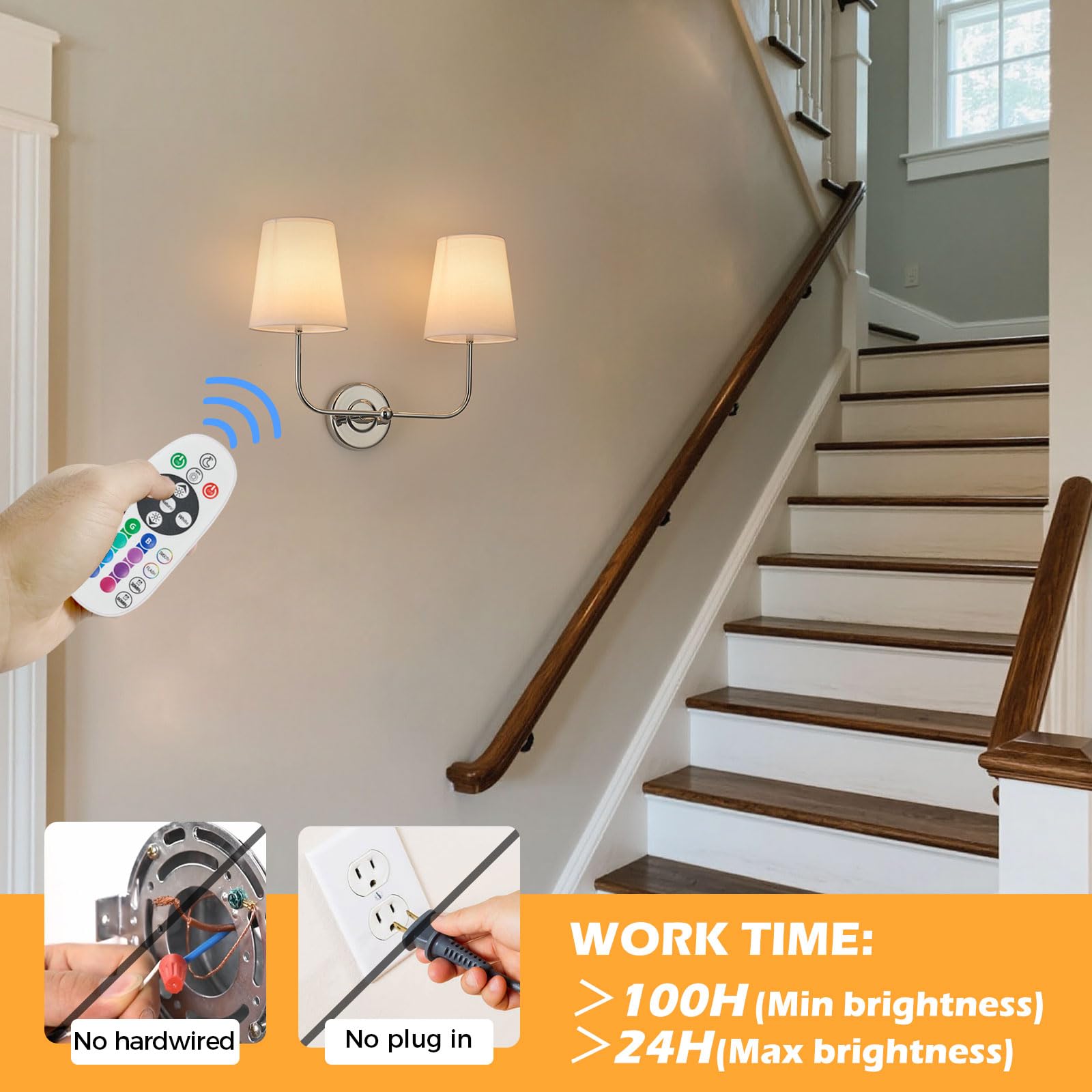 PASSICA DECOR Wall Sconce, 2 Lights, Wireless, Dimmable, Rechargeable, Polished Chrome, Model CA7010-05