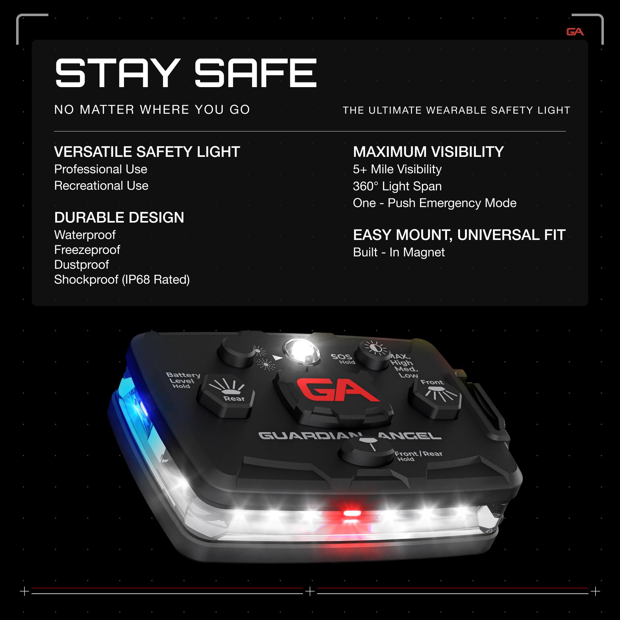 Guardian Angel Elite Series Safety Light (White Front & Blue/Yellow Rear) - Rechargeable, Magnetic, Hands-Free Wearable & Mounta