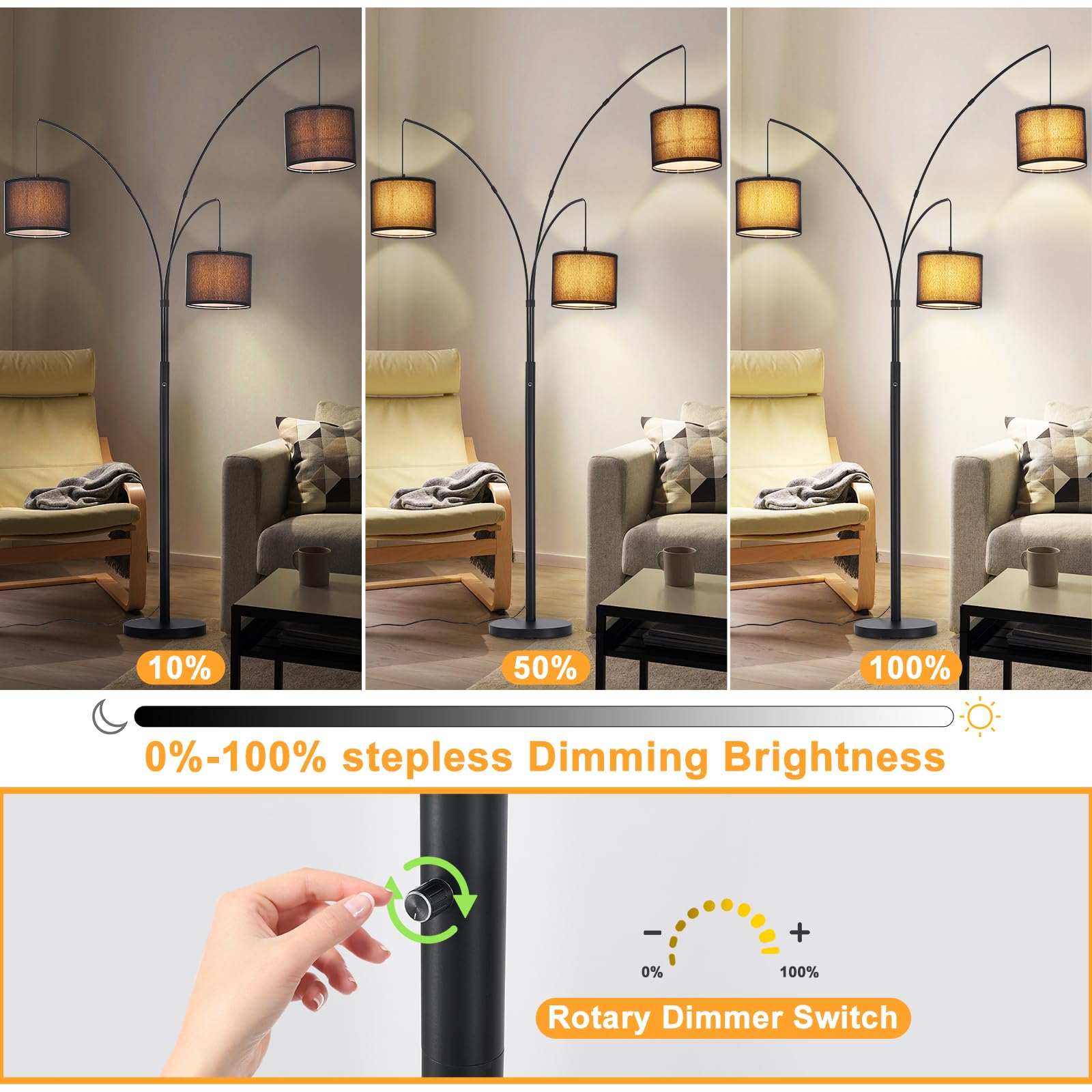 Dllt Modern Floor Lamp For Room: 3-Light Black Tree Dimmable Floor Lamps With Black Shades For Living Room - Arc Standing Lamp F