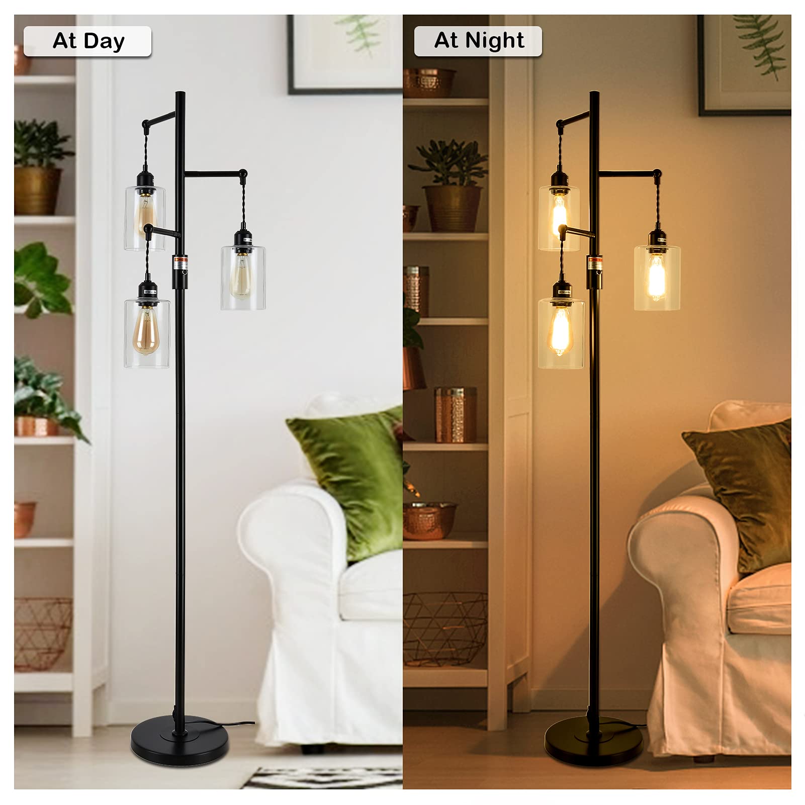 Airposta Industrial Floor Lamp With On/Off Dimmable Switch, 3-Head Rustic Tree Standing Lamp, Edison Bulb 40W Retro Tall Glass F