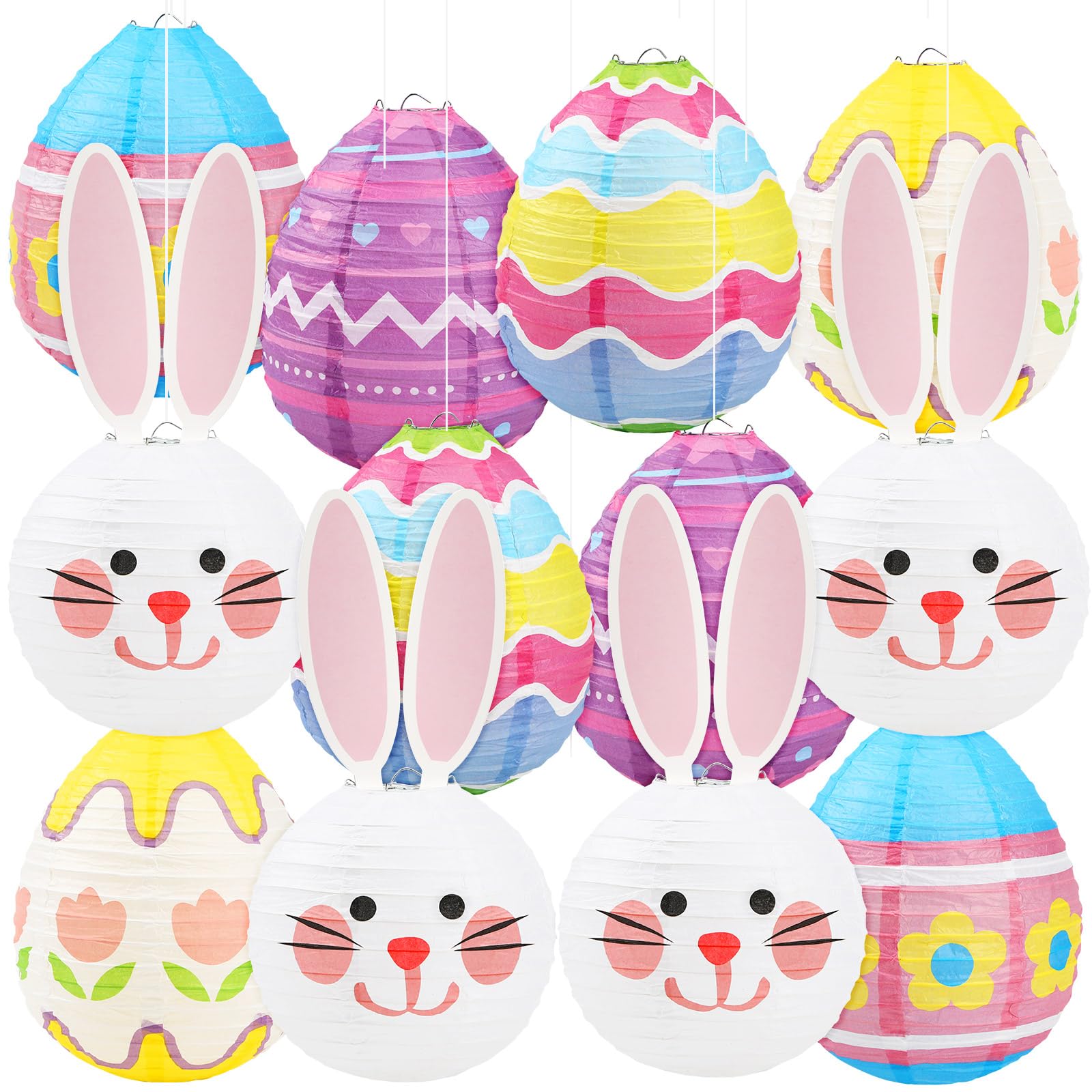 DECYOOL 12 Pieces Pastel Paper Lanterns, 8 Styles of Easter Egg Lanterns 4 Styles of Rabbit Lanterns Colorful Hanging Lantern De