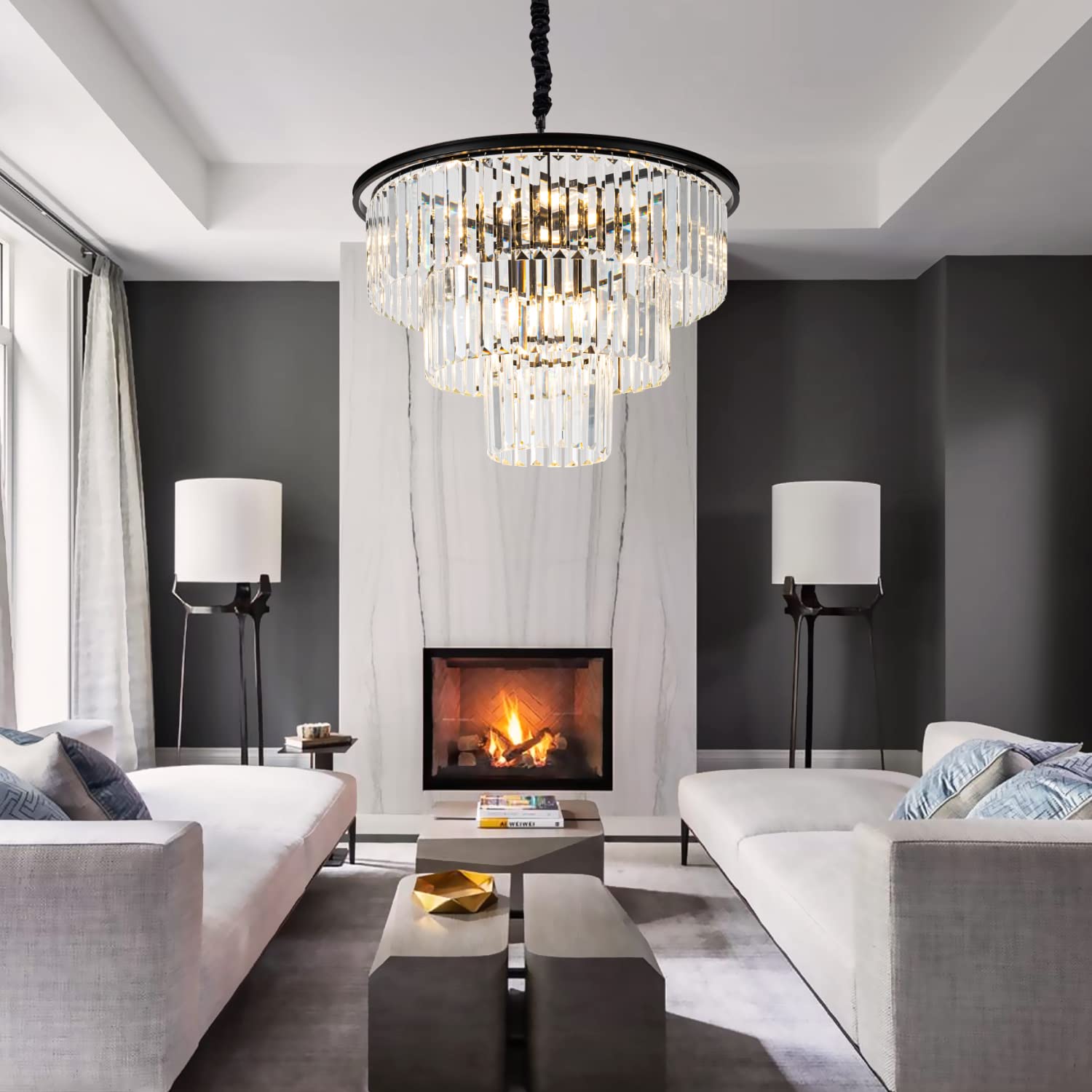 Brfaixla 12 Lights 23.64 Black Modern Crystal Chandelier Crystal Pendant Ceiling Light Fixture 3-Tier Hanging Lighting For Dinning Room Bedroom Living Room Foyer