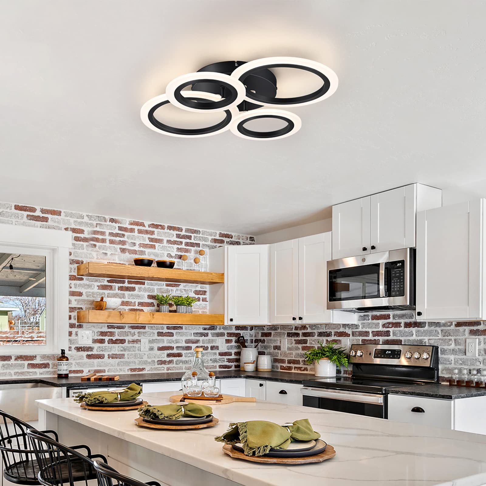 Teminbu Modern Led Ceiling Light, Black 4 Rings Flush Mount Ceiling Light, 4000K Lighting Fixture Ceiling Lamp For Kitchen, Bedroom, Living Room, Laundry Room