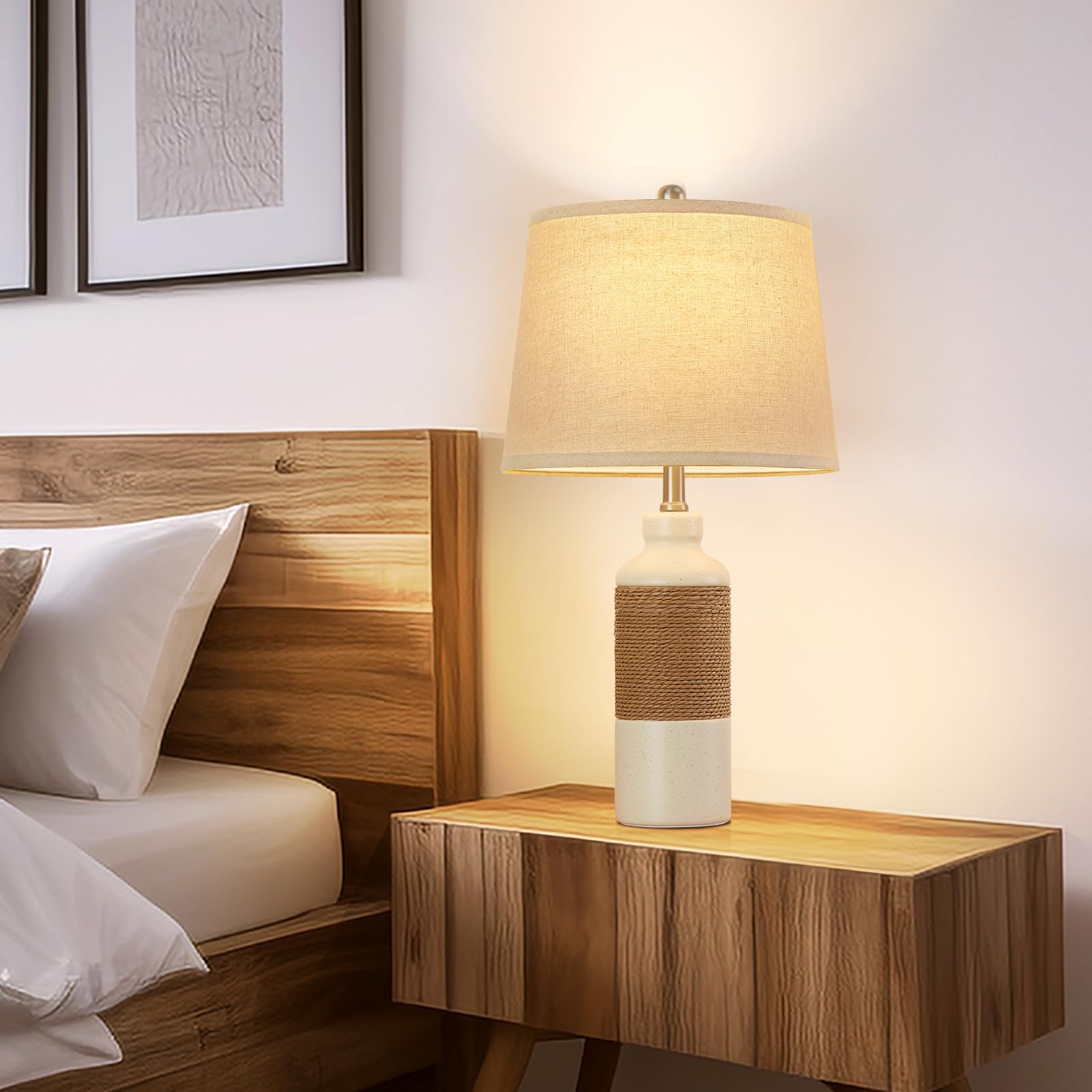 Gyrovu Boho Rattan Table Lamp Set Of 2, 3 Color Temperature Bedside Lamps, Lamps For Night Stands, Vintage Farmhouse Rattan Tabl