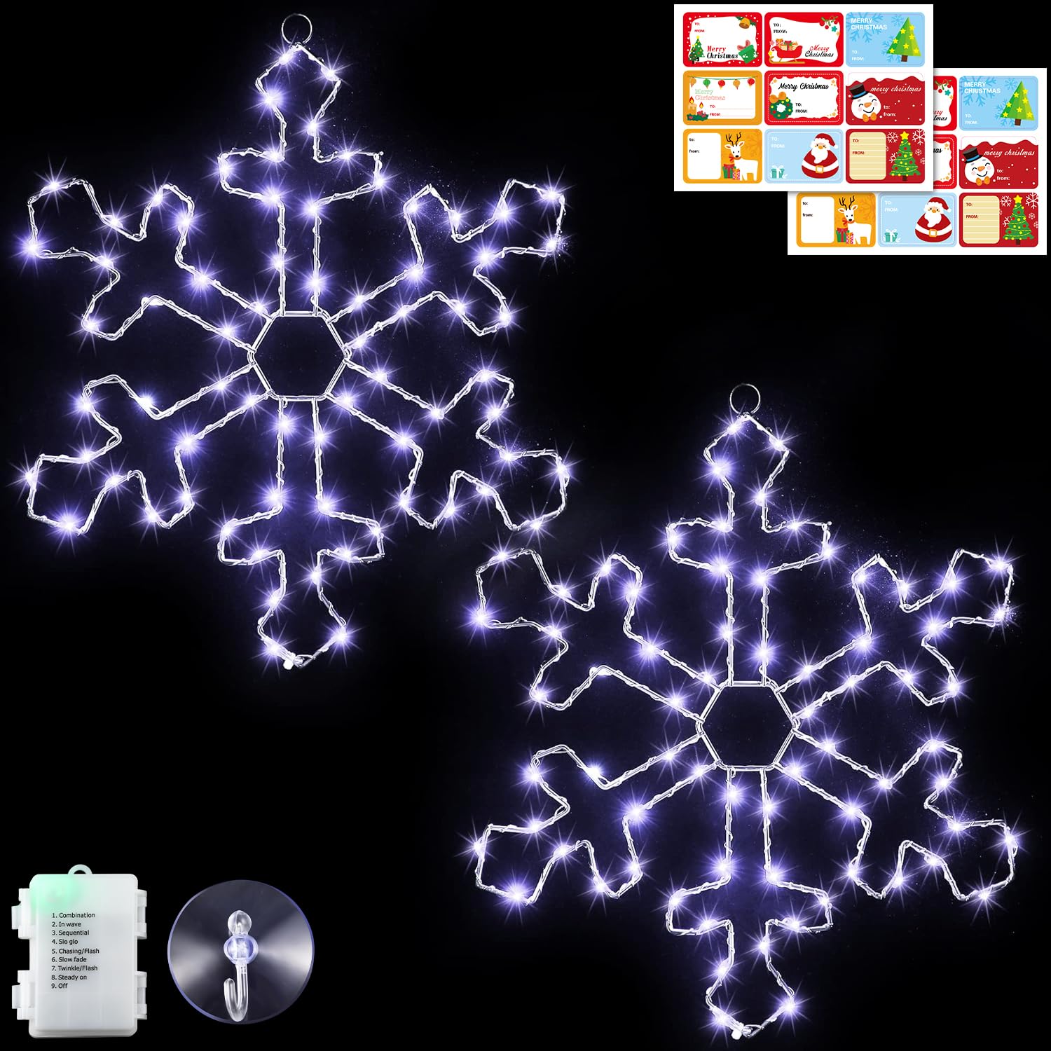 Hiboom 2 Pack Christmas Window Lights, 12 Inch Snowflake LED Decor, Battery Powered, Cool White, Model CW-Hiboom-31051