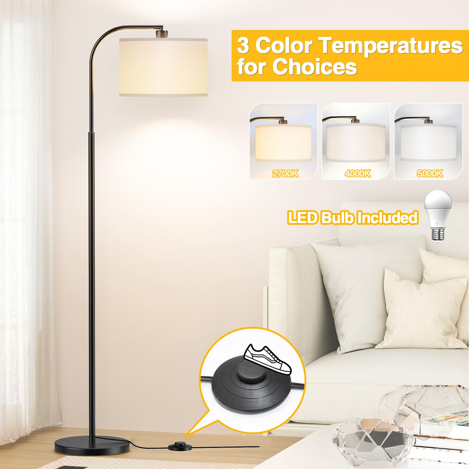 Arc Floor Lamps For Living Room With 3 Color Temperatures, Modern Floor Lamp Reading Light With 9W Bulb Included, Standing Lamp