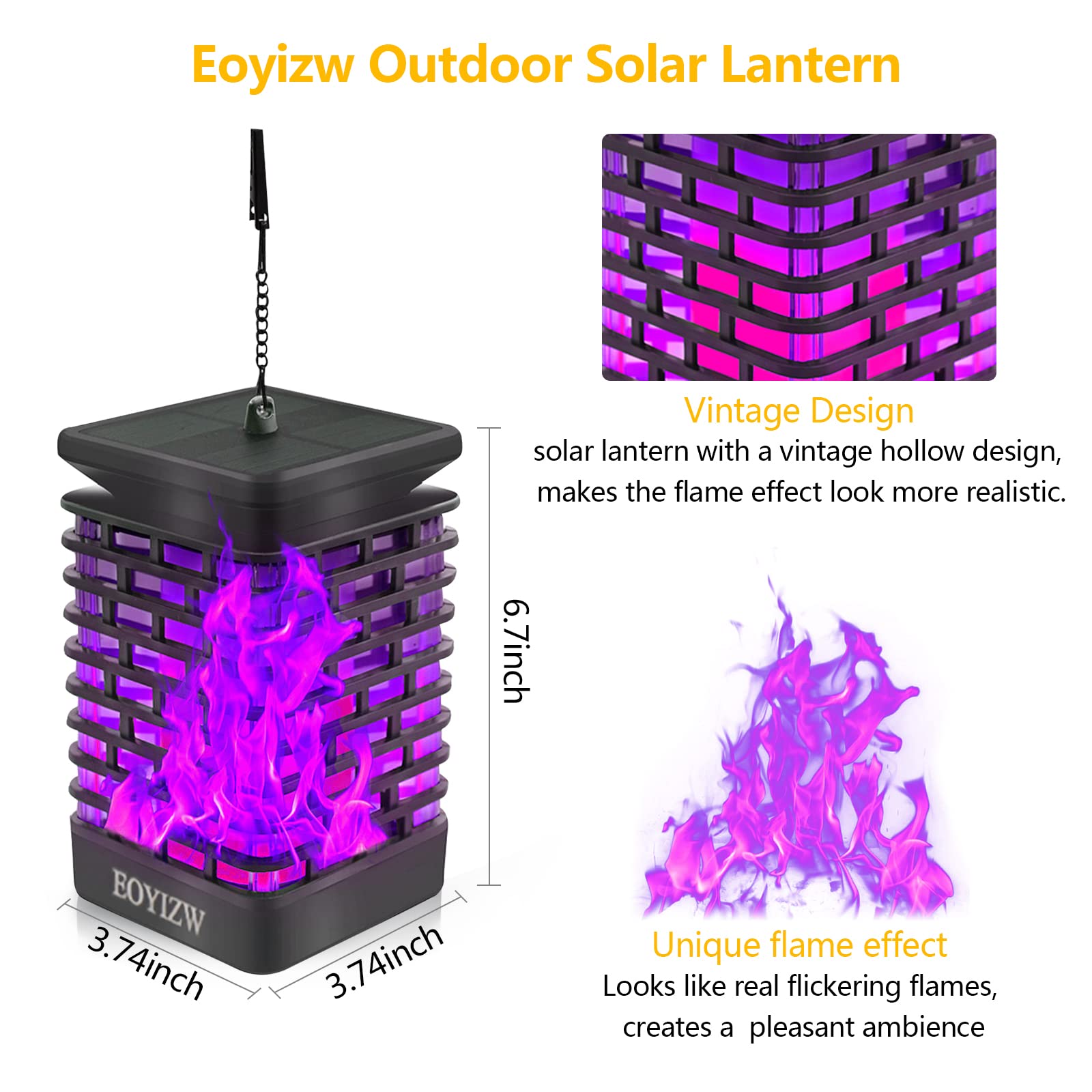 EOYIZW Solar Lanterns - 99 LEDs, IP65 Waterproof, Purple Flame, 2 Pack, Garden Lights Decor for Halloween, Yard, Porch, Patio